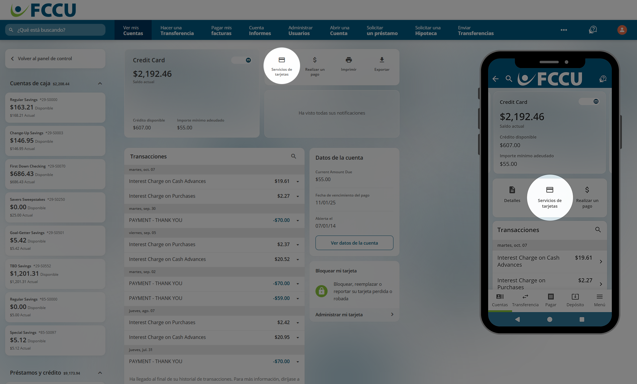 Captura de pantalla de la página de banca digital 'Tarjeta de crédito'.
