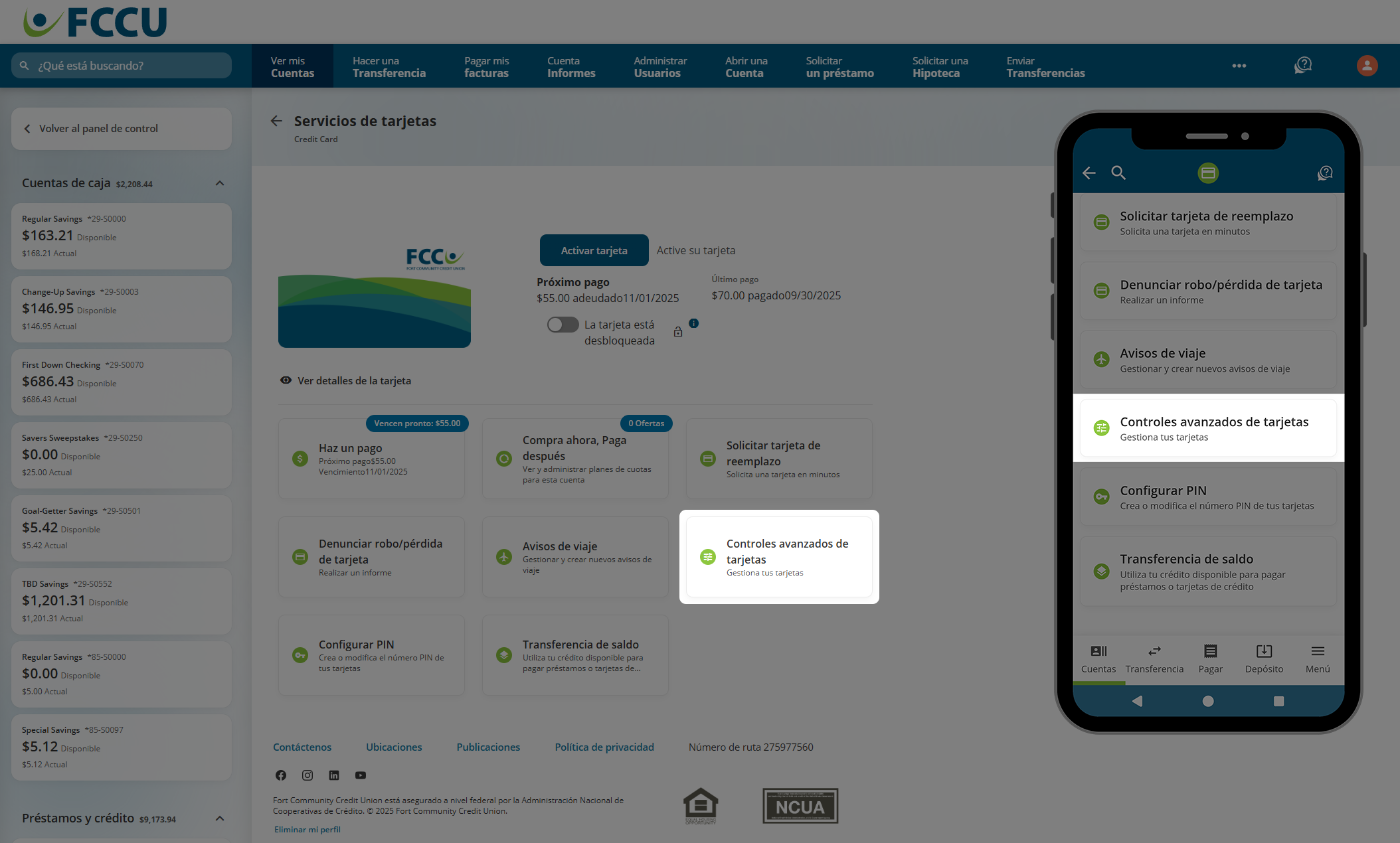 Captura de pantalla de la página de 'Servicios de tarjeta' de la banca digital.