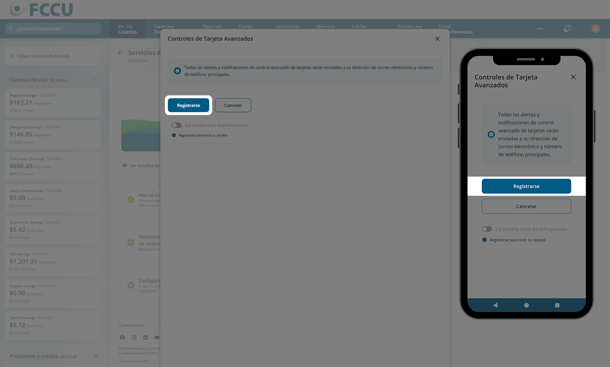 Captura de pantalla de la página de 'Controles avanzados de tarjeta' de la banca digital.