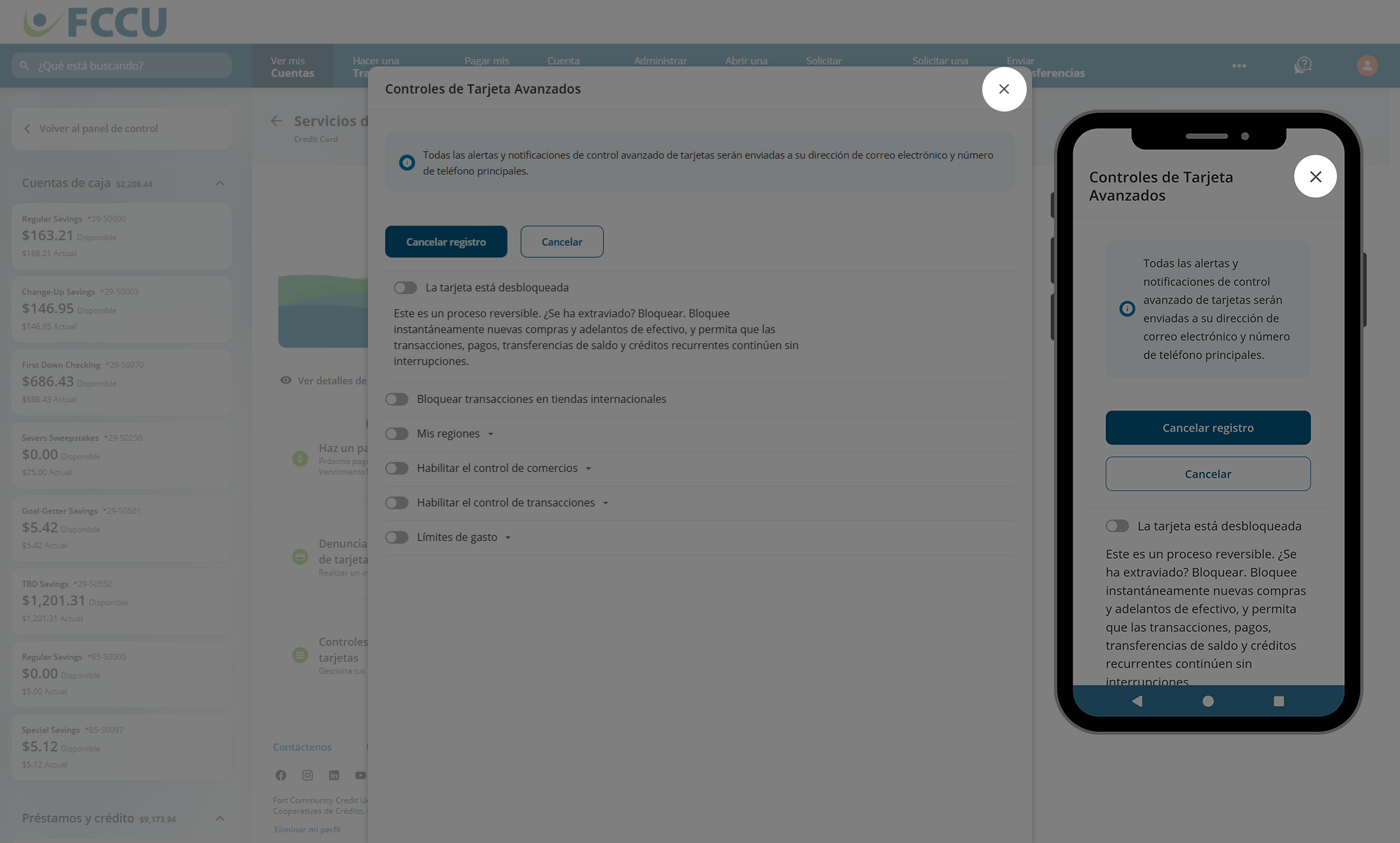 Captura de pantalla de la página de 'Controles avanzados de tarjeta' de la banca digital.