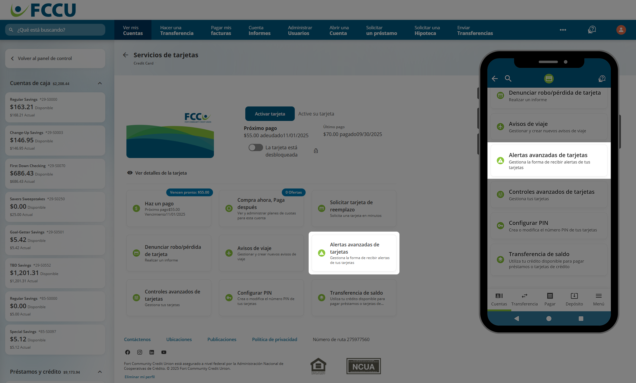 Captura de pantalla de la página de 'Controles avanzados de tarjeta' de la banca digital.