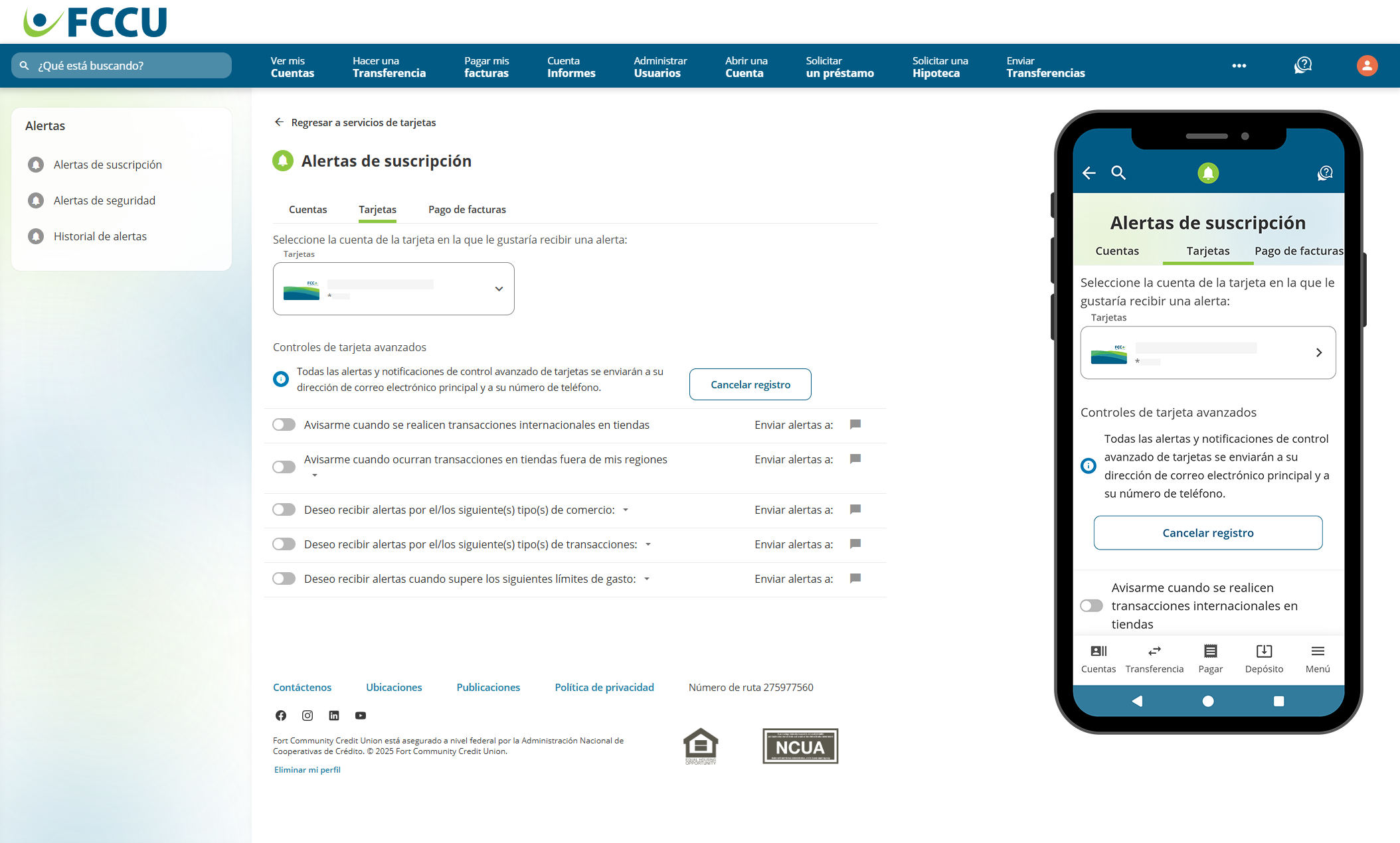 Captura de pantalla de la página 'Alertas de suscripción' de banca digital.
