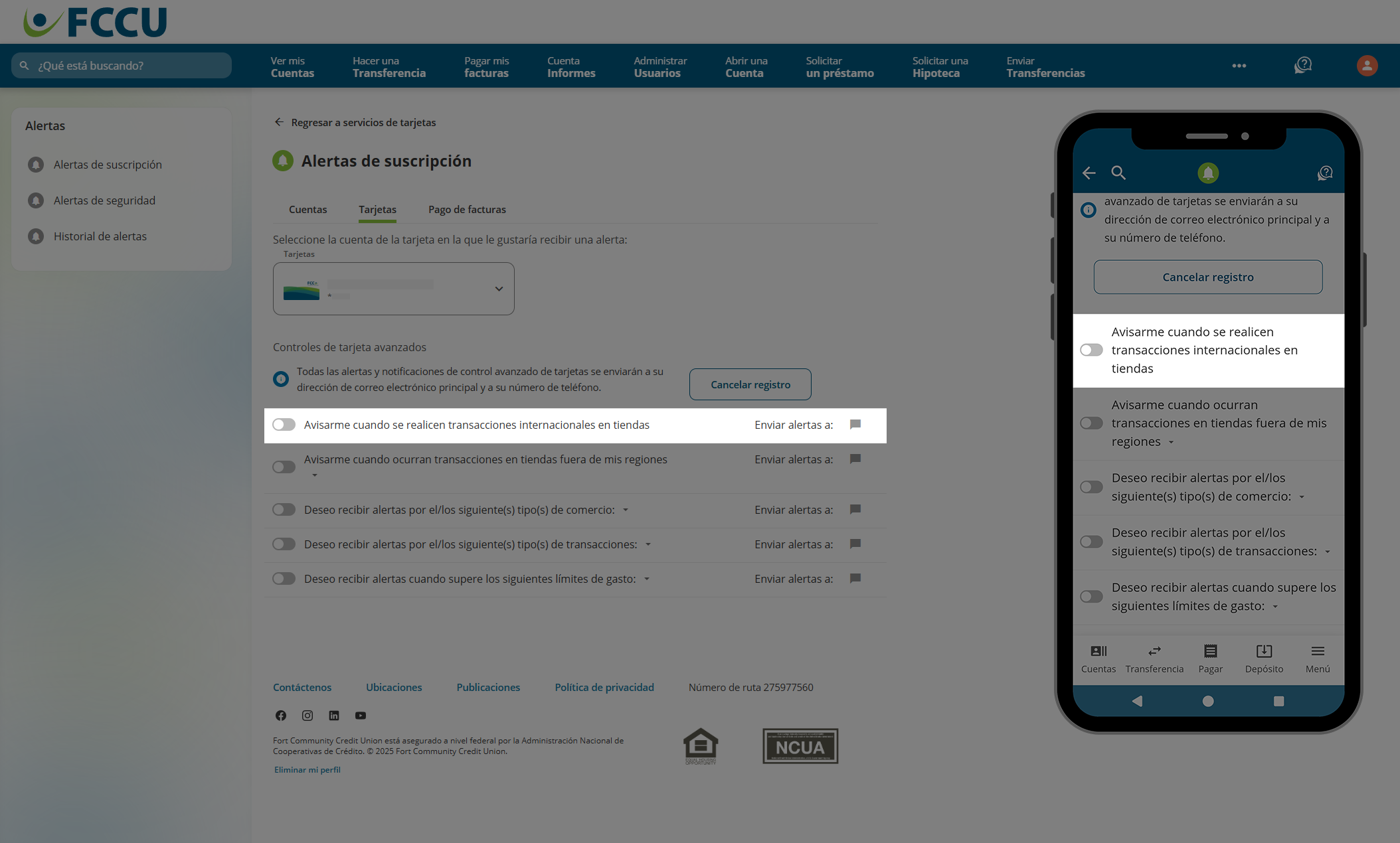 Captura de pantalla de la página 'Alertas de suscripción' de banca digital.