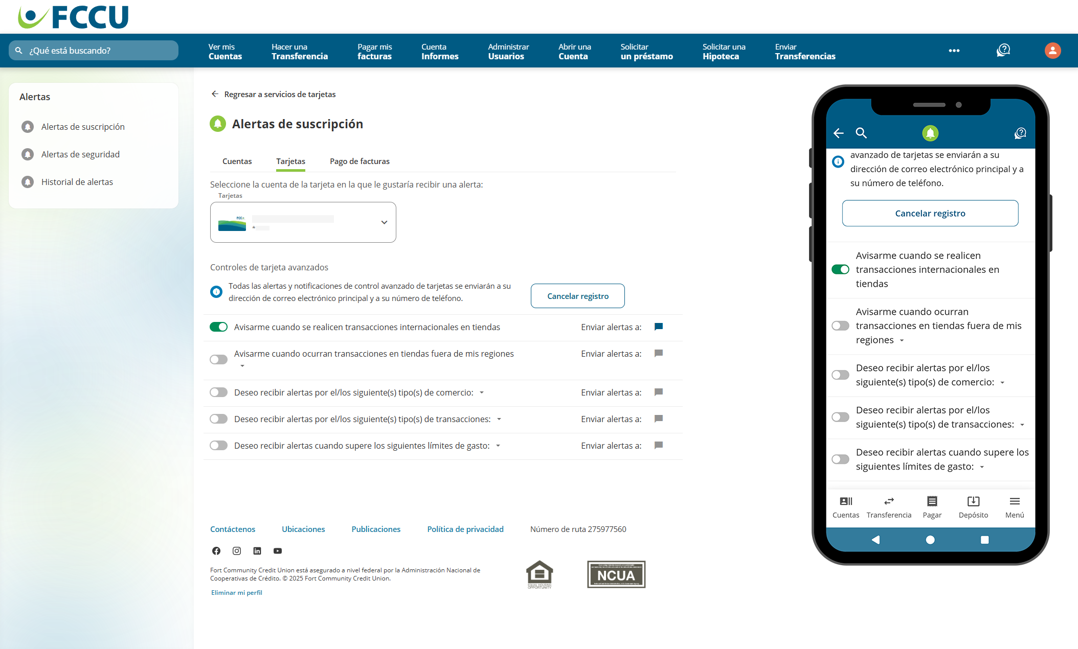 Captura de pantalla de la página 'Alertas de suscripción' de banca digital.