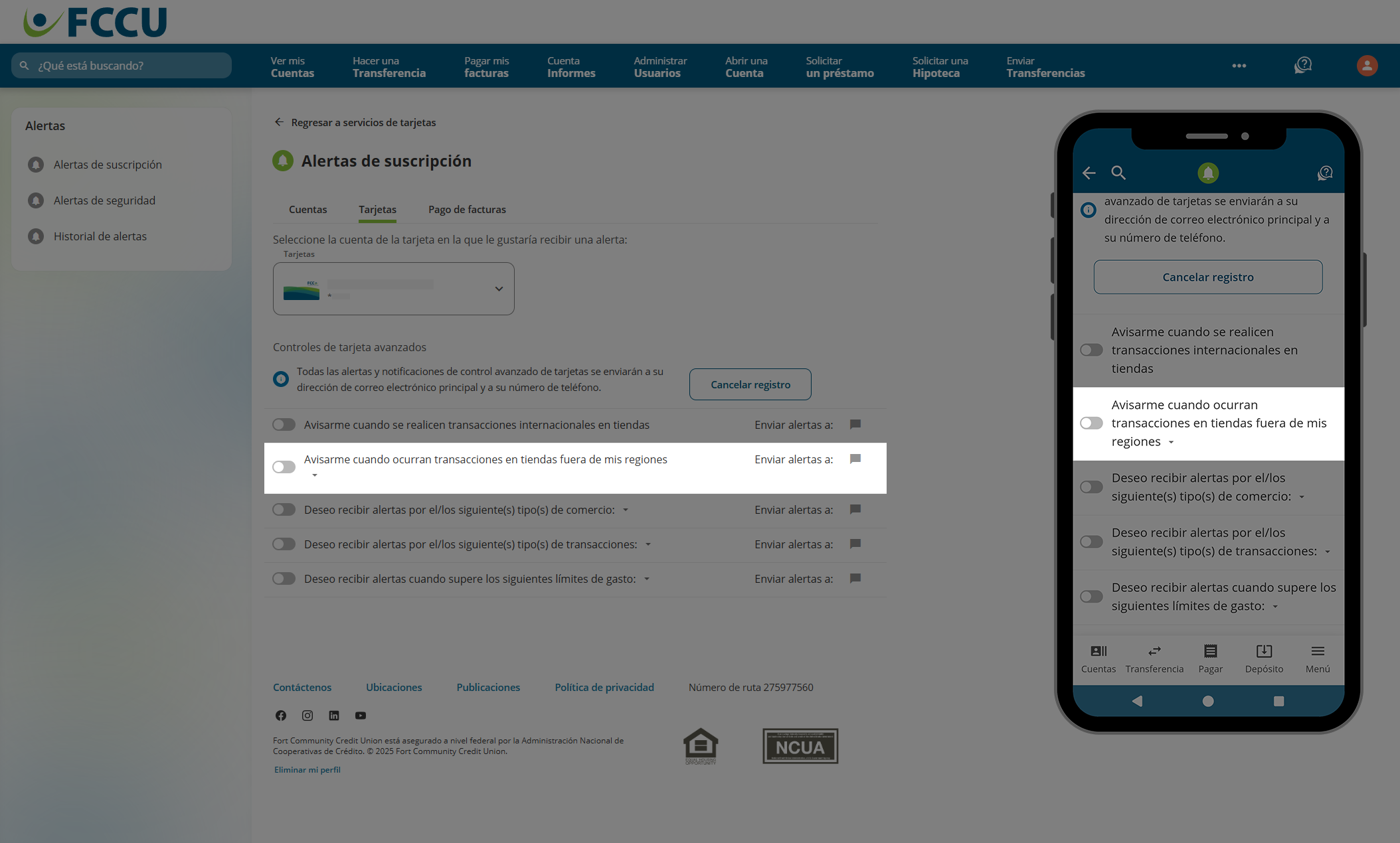 Captura de pantalla de la página 'Alertas de suscripción' de banca digital.