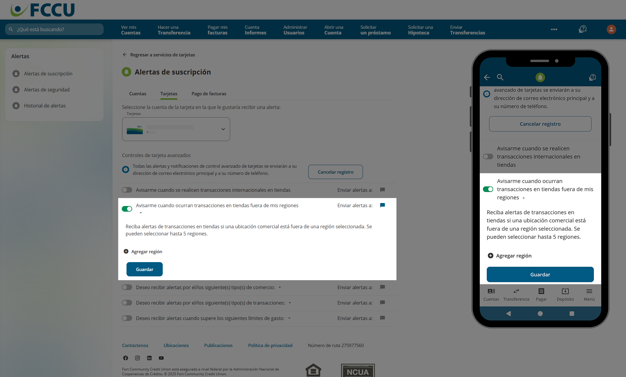 Captura de pantalla de la página 'Alertas de suscripción' de banca digital.
