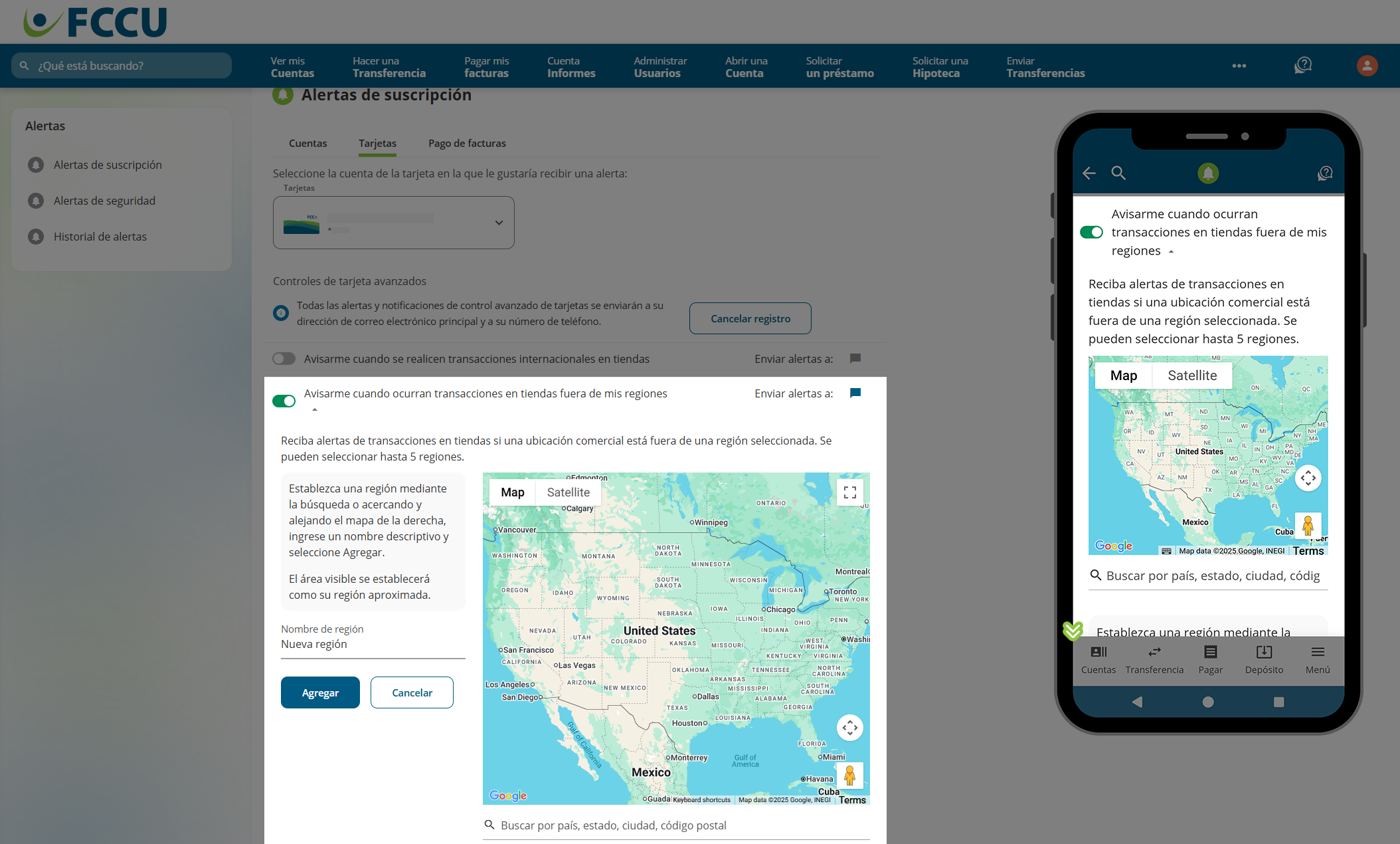 Captura de pantalla de la página 'Alertas de suscripción' de banca digital.