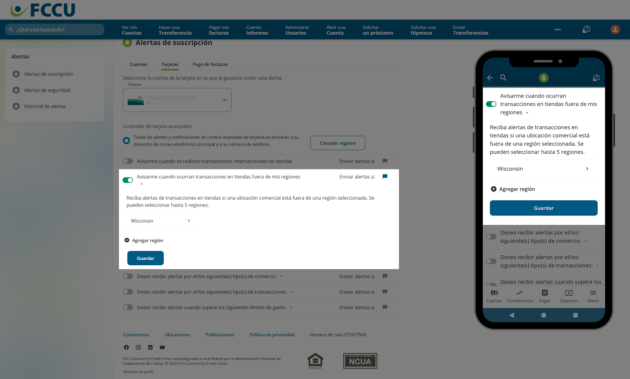 Captura de pantalla de la página 'Alertas de suscripción' de banca digital.