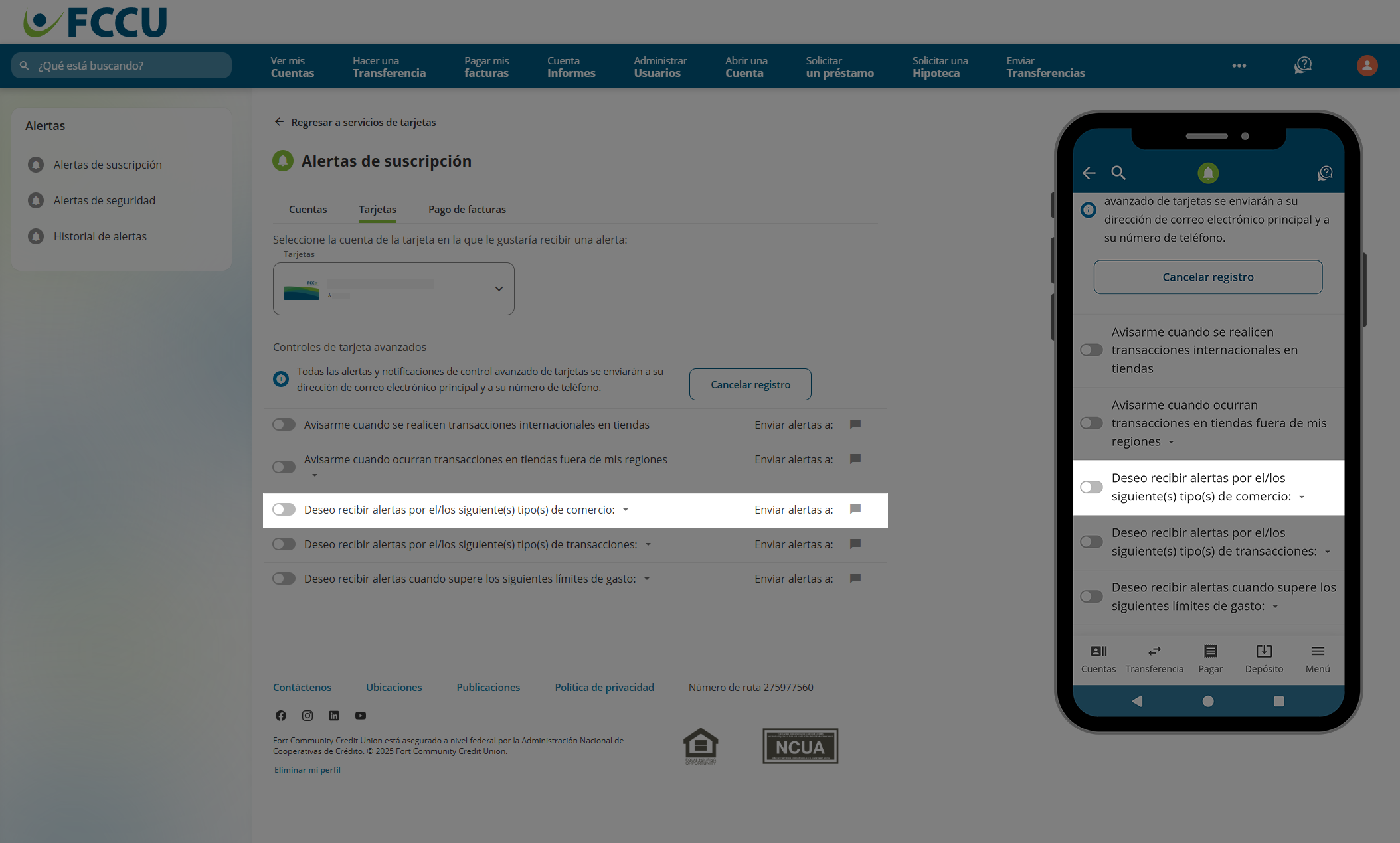 Captura de pantalla de la página 'Alertas de suscripción' de banca digital.