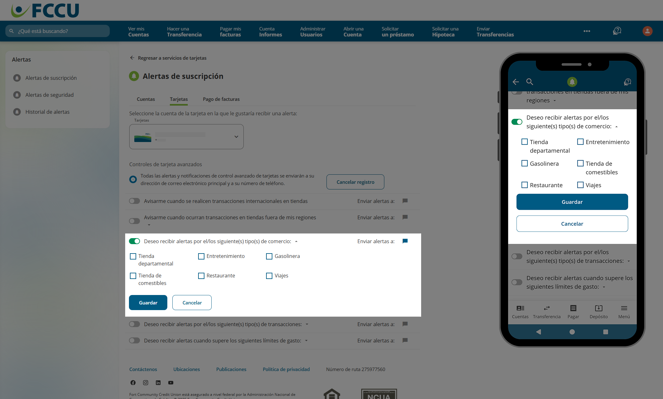 Captura de pantalla de la página 'Alertas de suscripción' de banca digital.