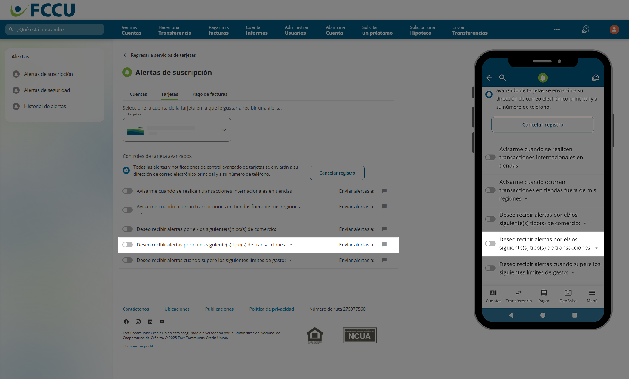 Captura de pantalla de la página 'Alertas de suscripción' de banca digital.