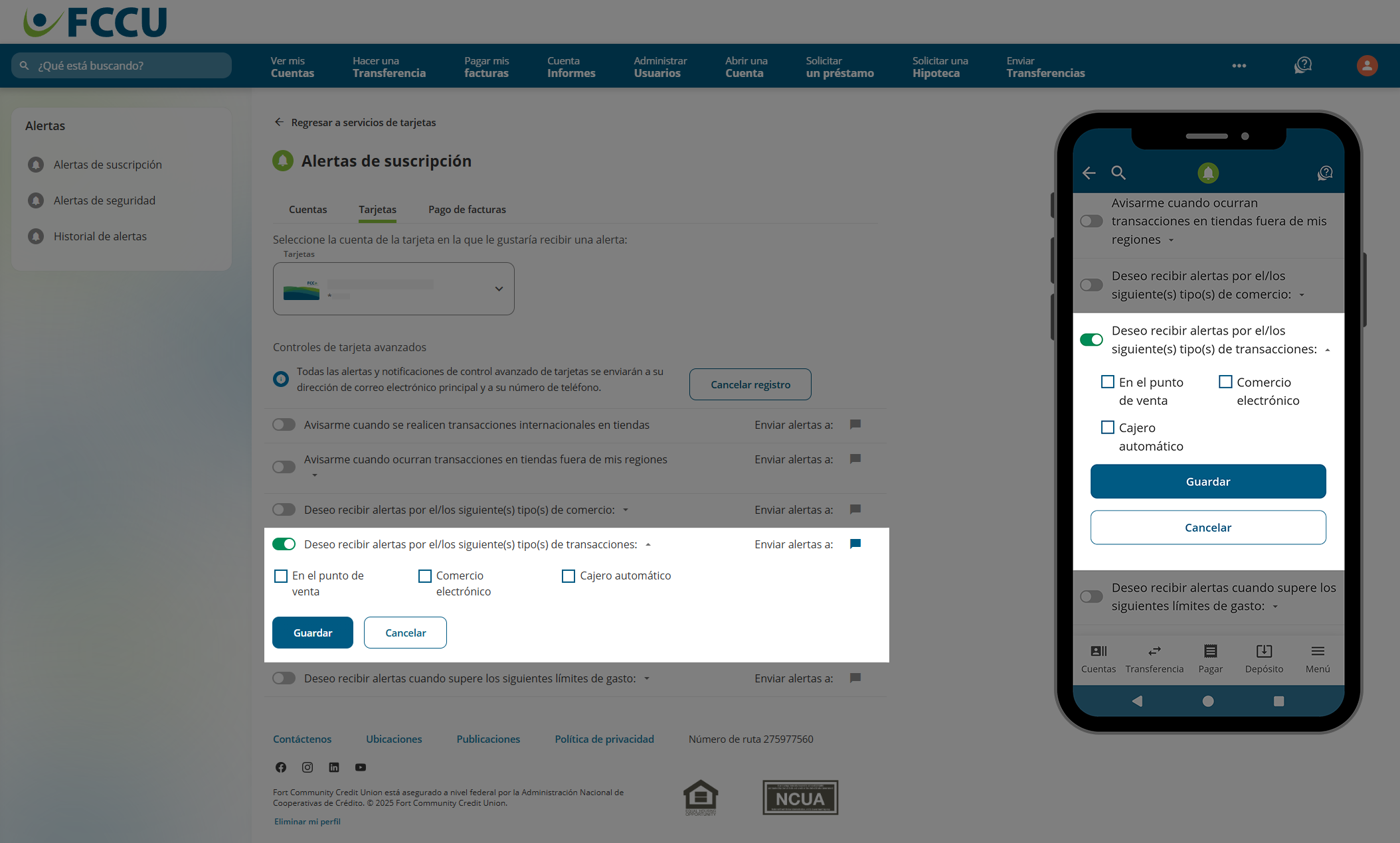 Captura de pantalla de la página 'Alertas de suscripción' de banca digital.