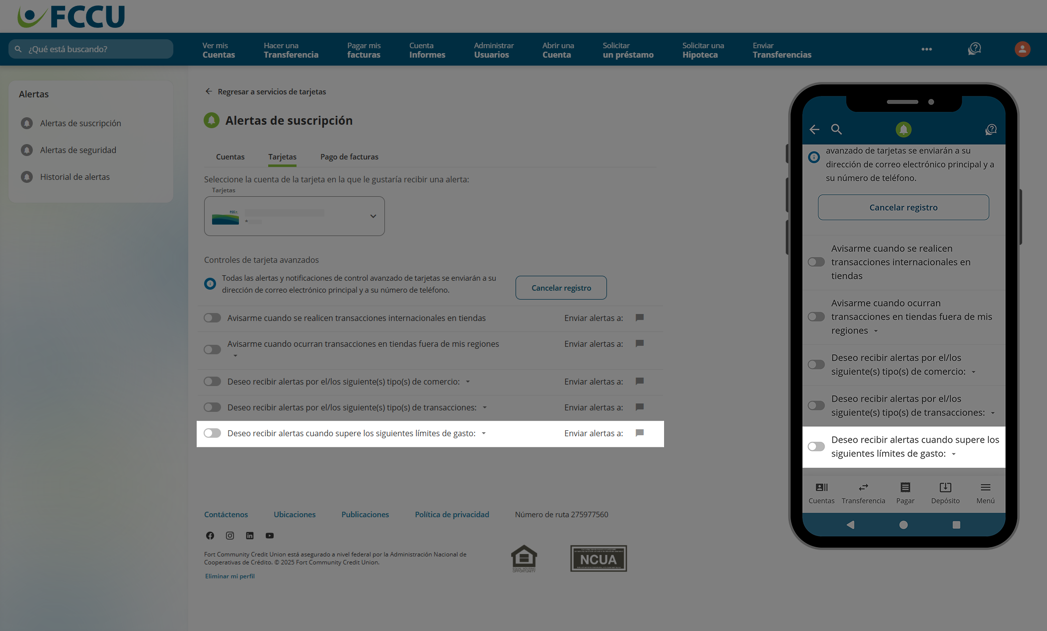 Captura de pantalla de la página 'Alertas de suscripción' de banca digital.