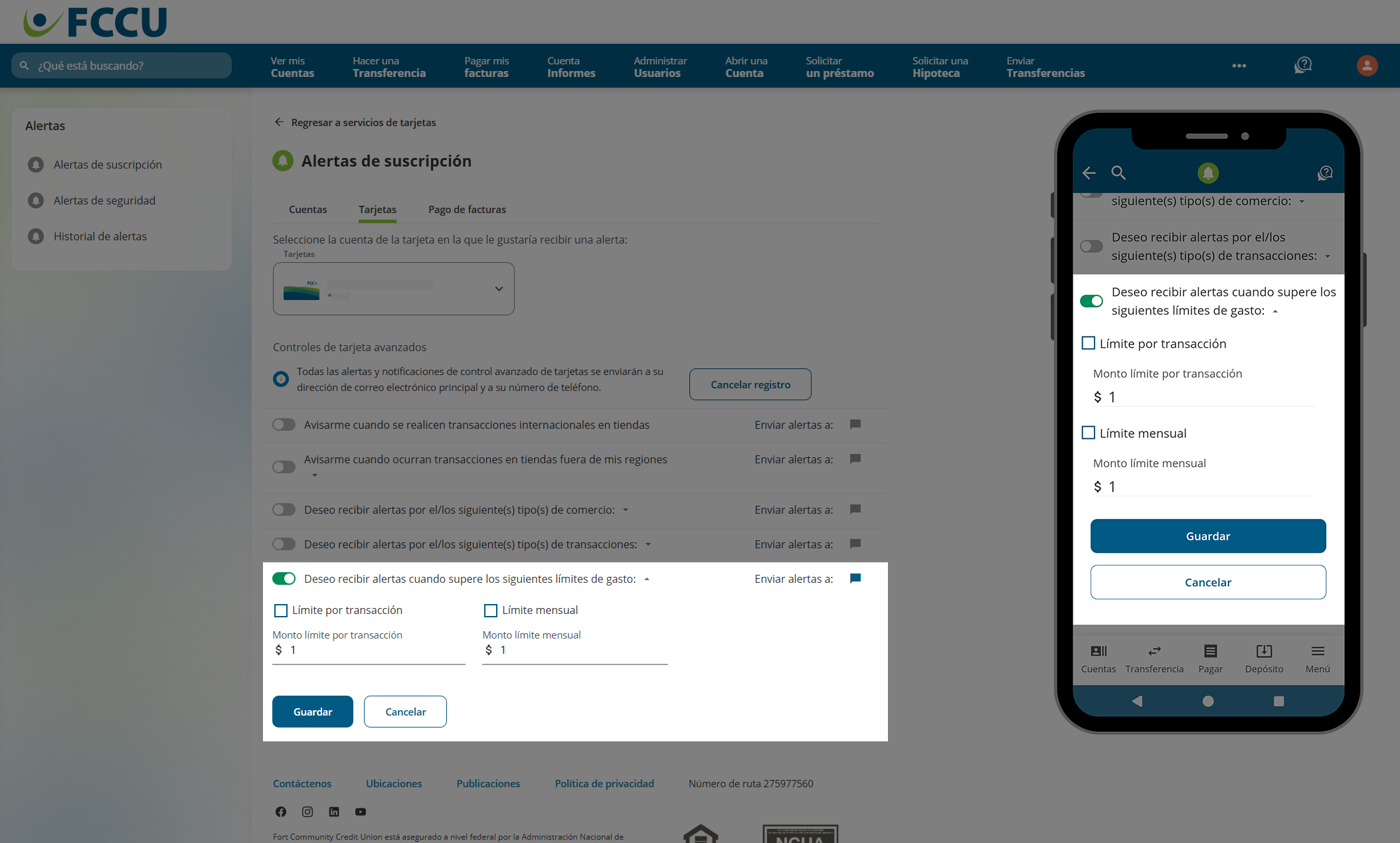 Captura de pantalla de la página 'Alertas de suscripción' de banca digital.