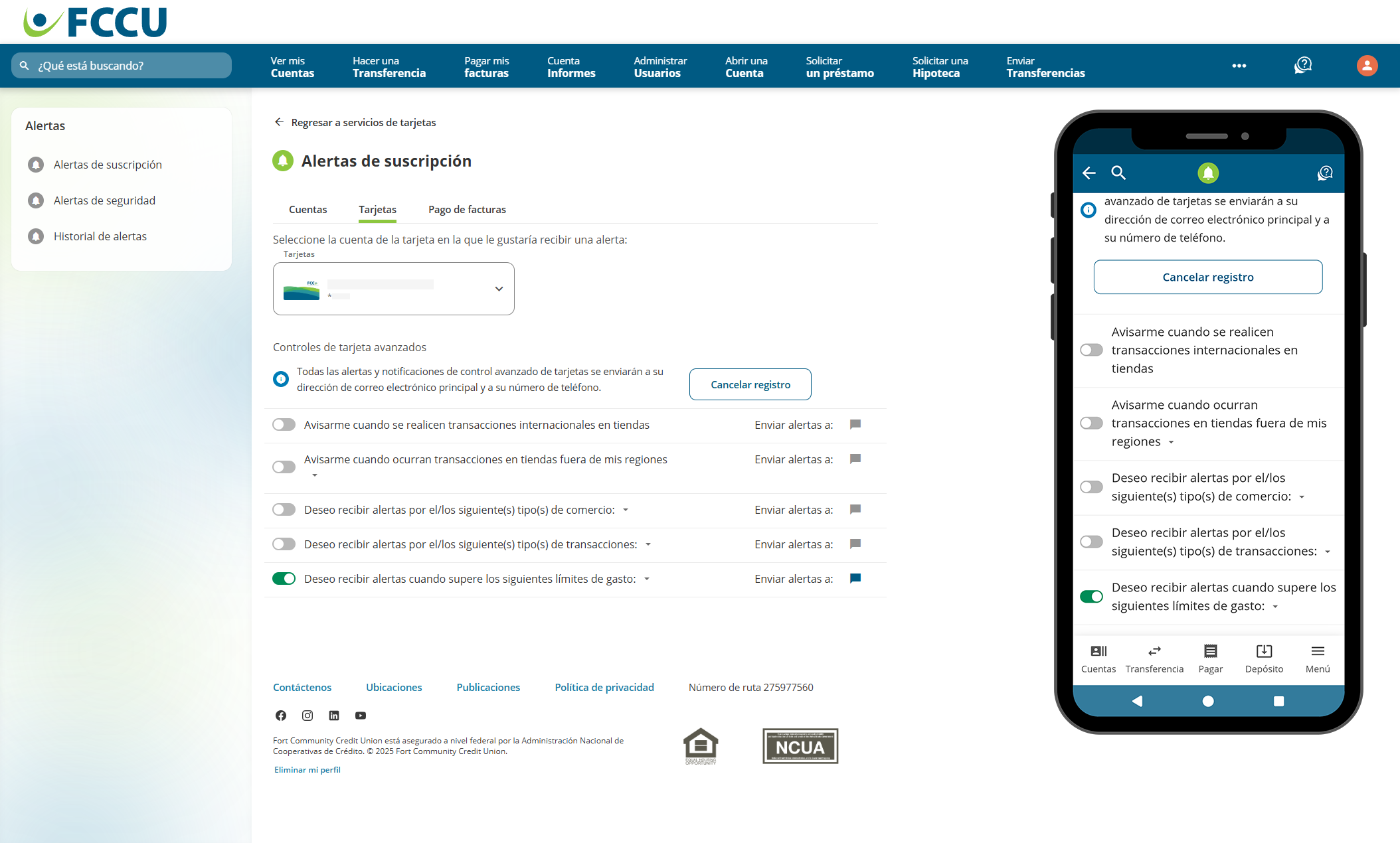 Captura de pantalla de la página 'Alertas de suscripción' de banca digital.