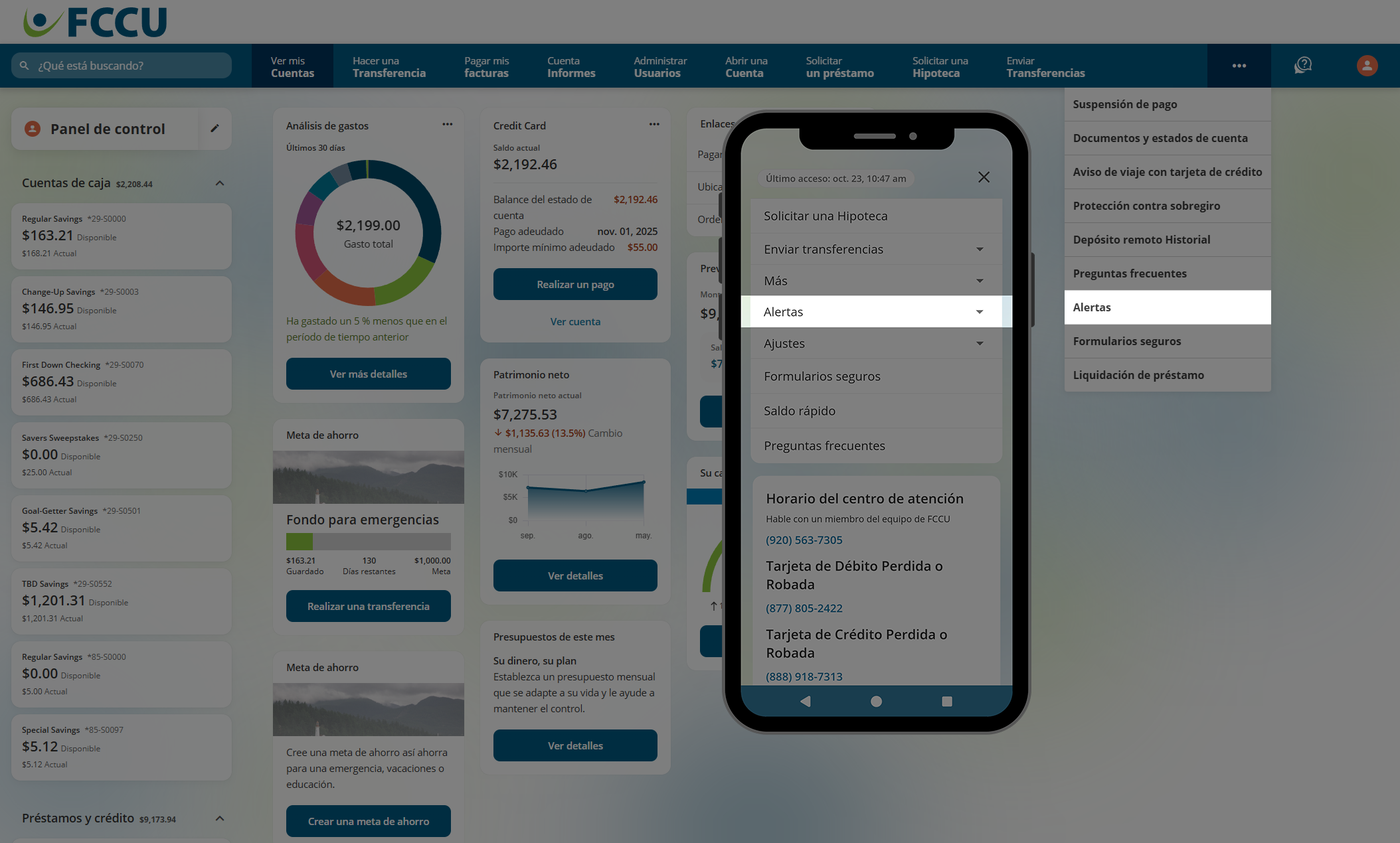 Captura de pantalla del panel de control de la cuenta bancaria digital.