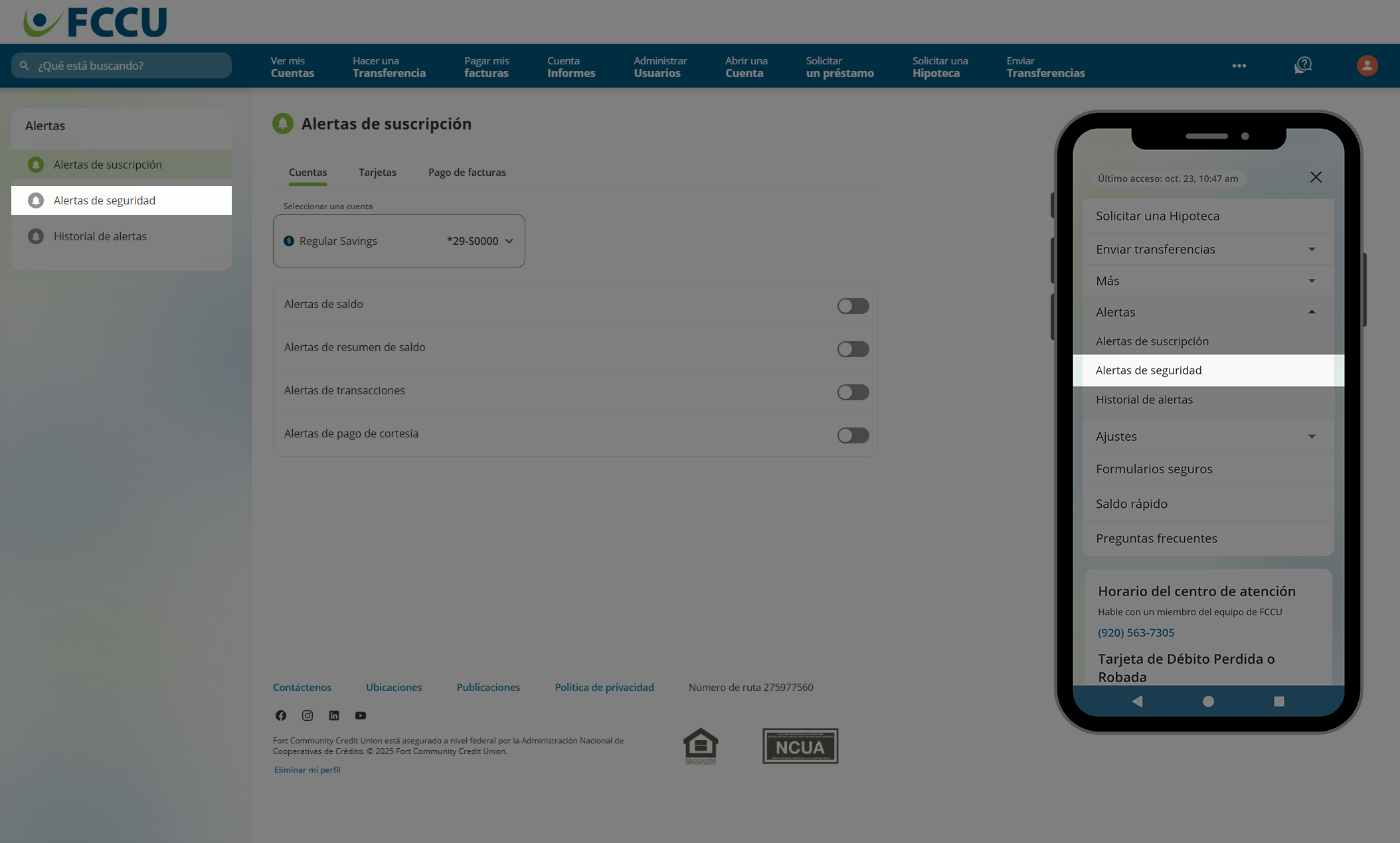 Captura de pantalla de la página 'Alertas de suscripción' de banca digital.