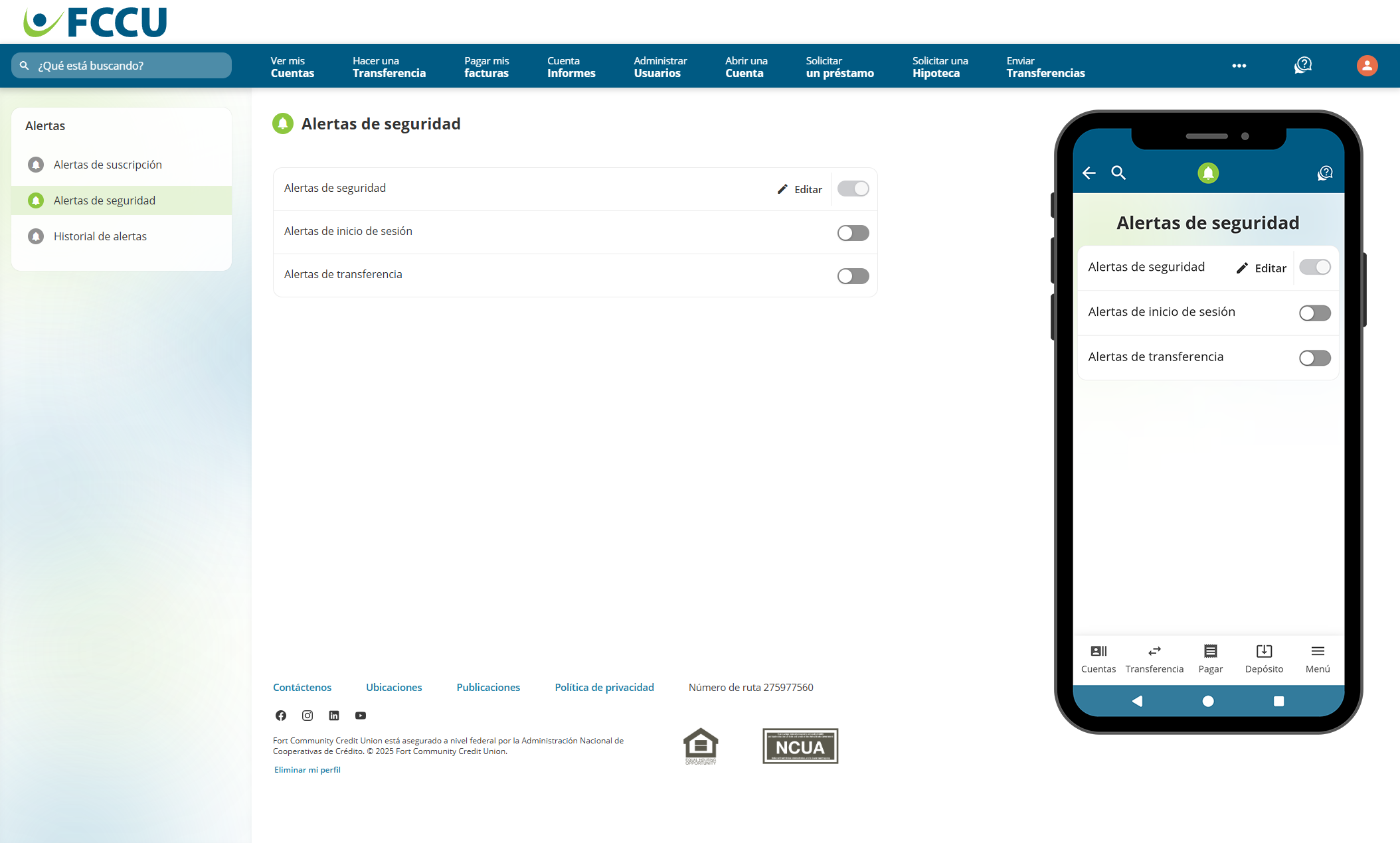 Captura de pantalla de la página 'Alertas de seguridad' de banca digital.