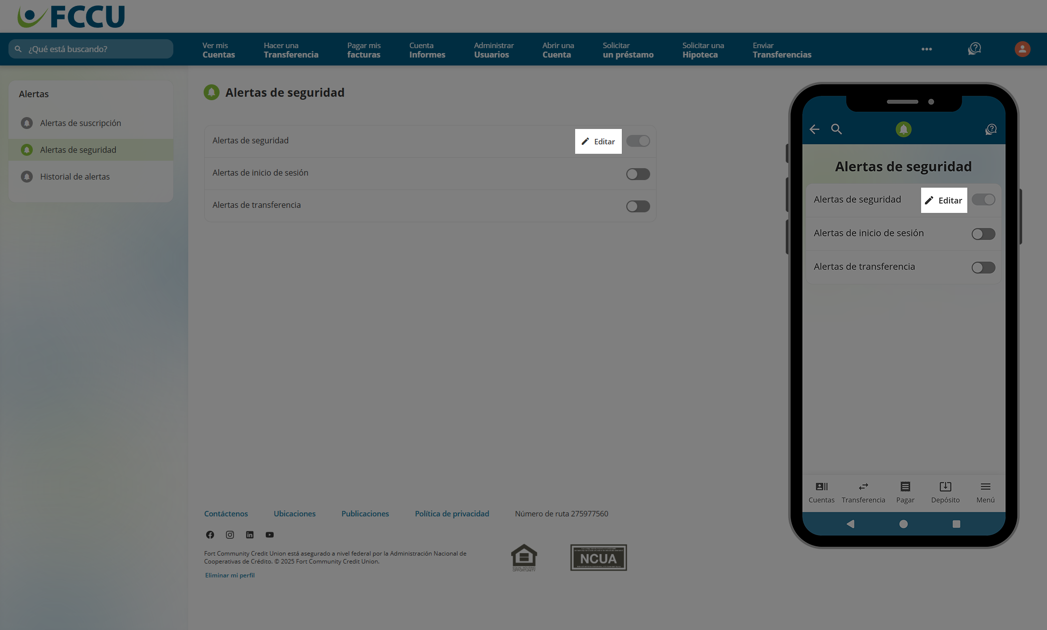 Captura de pantalla de la página 'Alertas de seguridad' de banca digital.page.
