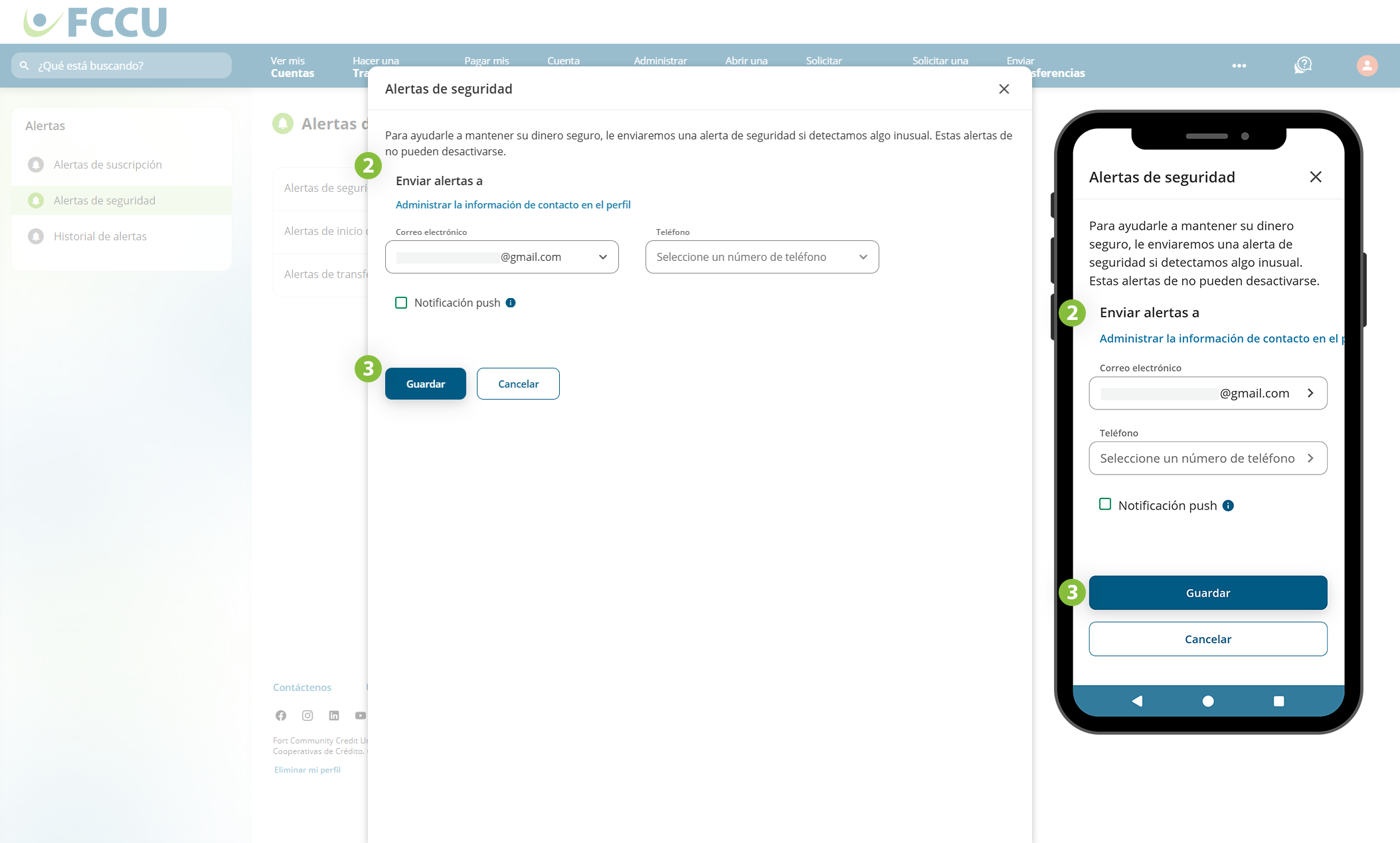Captura de pantalla de la página 'Alertas de seguridad' de banca digital.page.