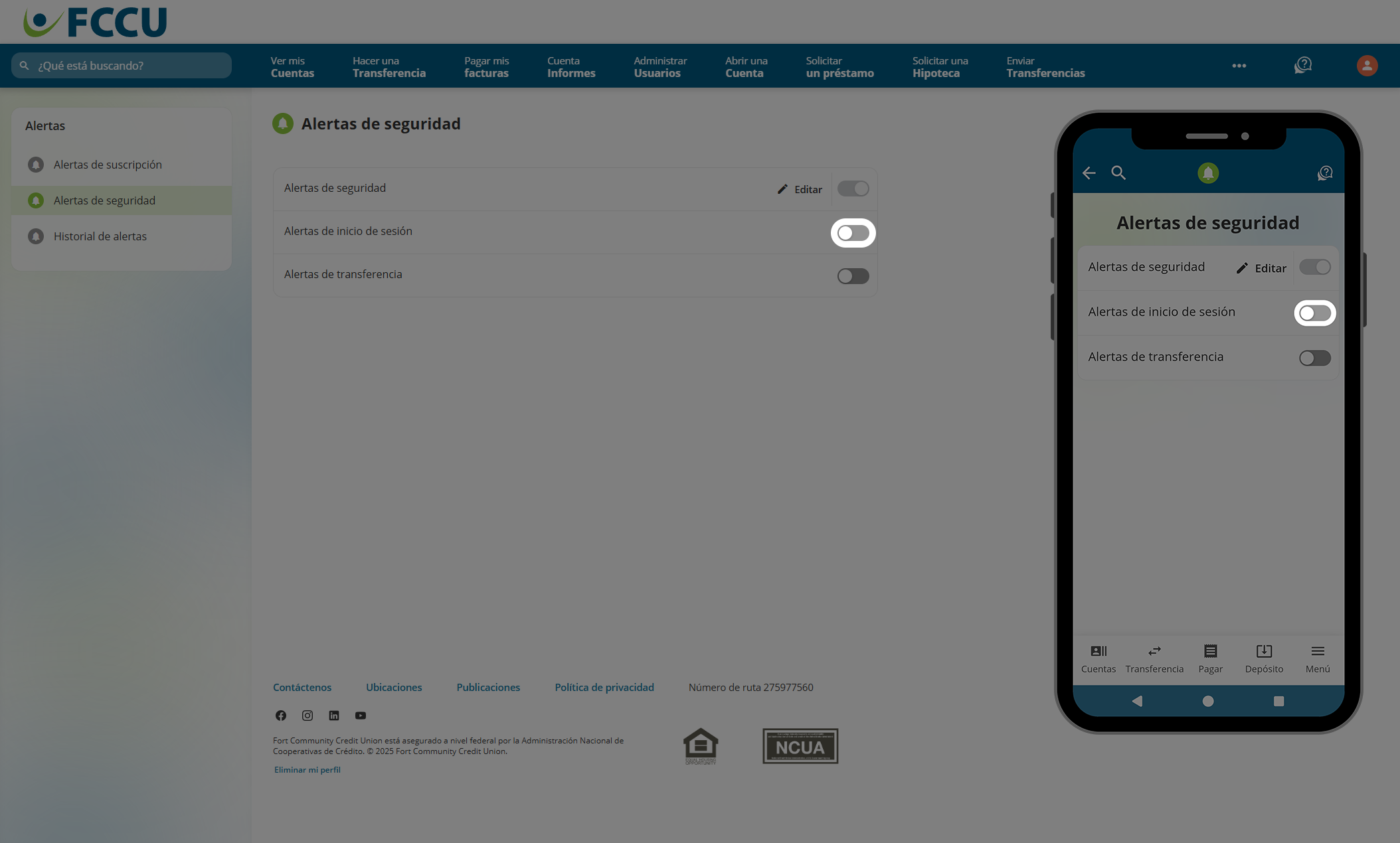 Captura de pantalla de la página 'Alertas de seguridad' de banca digital.page.