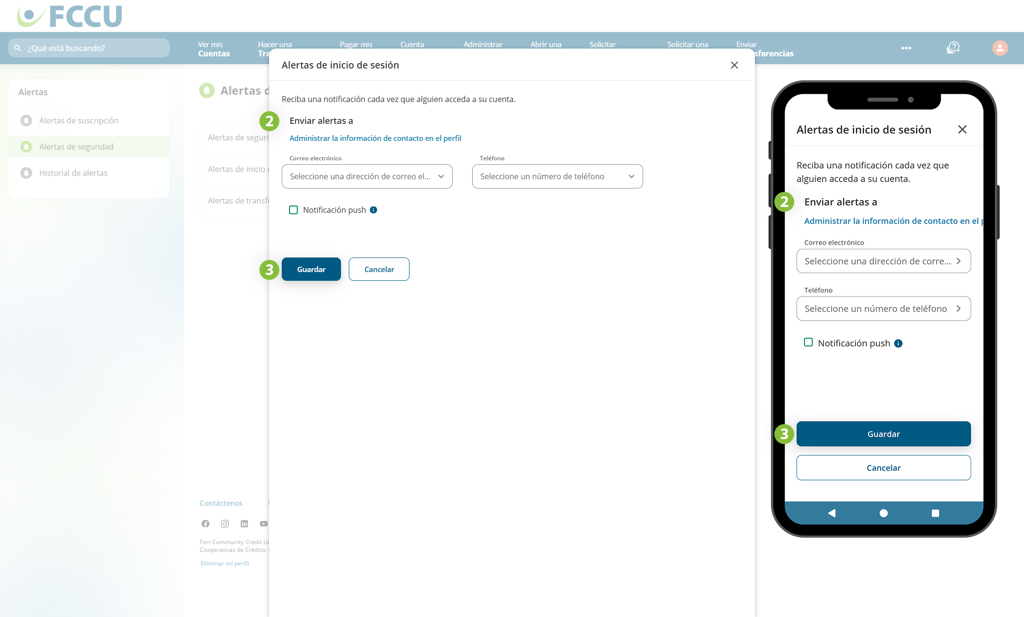 Captura de pantalla de la página de 'Alertas de inicio de sesión' de la banca digital.