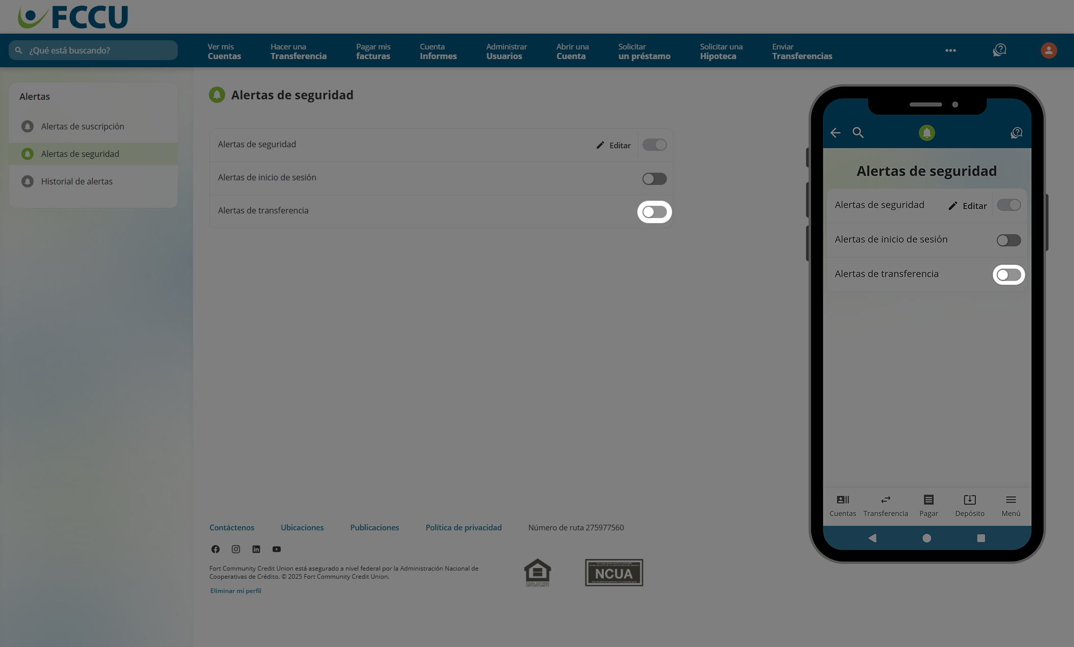 Captura de pantalla de la página 'Alertas de seguridad' de banca digital.page.
