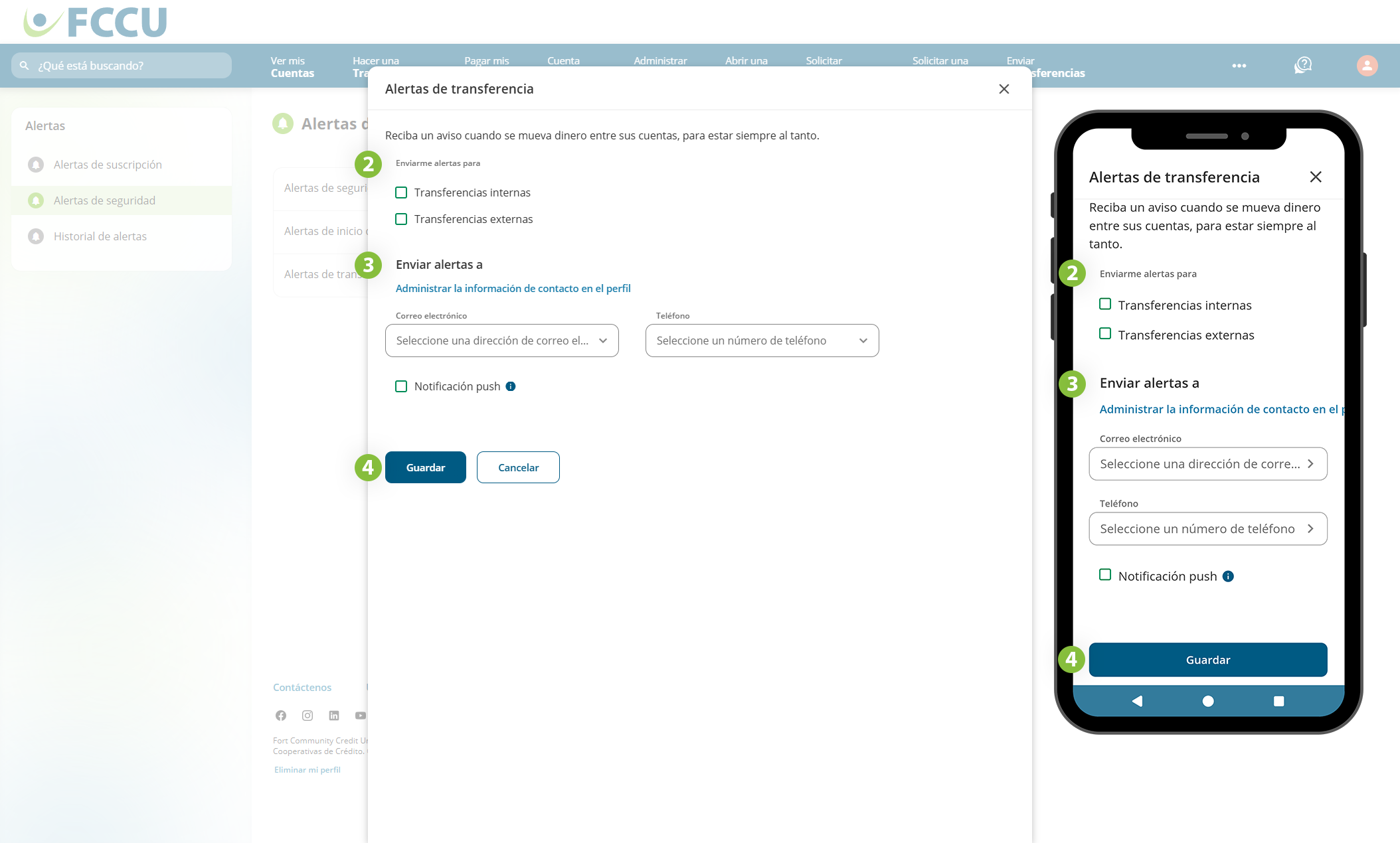 Captura de pantalla de la página de 'Alertas de transferencia' de la banca digital.