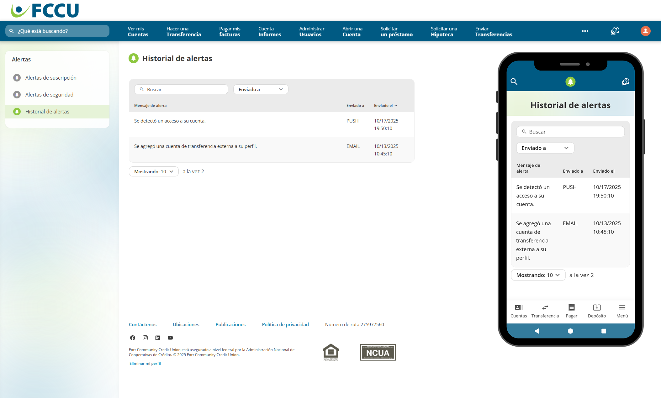 Captura de pantalla de la página 'Historial de alertas' de la banca digital.