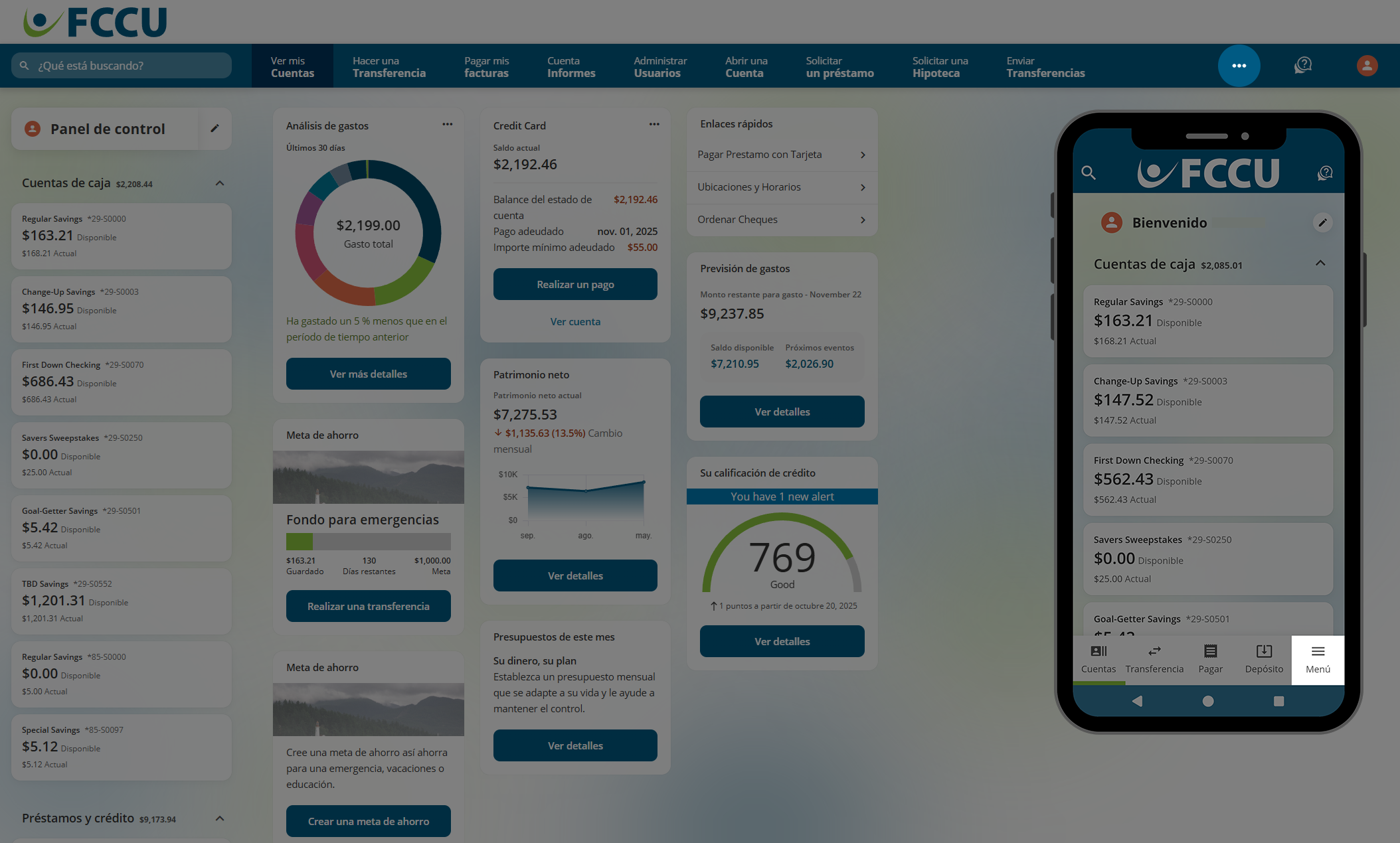Captura de pantalla del panel de control de la cuenta bancaria digital.