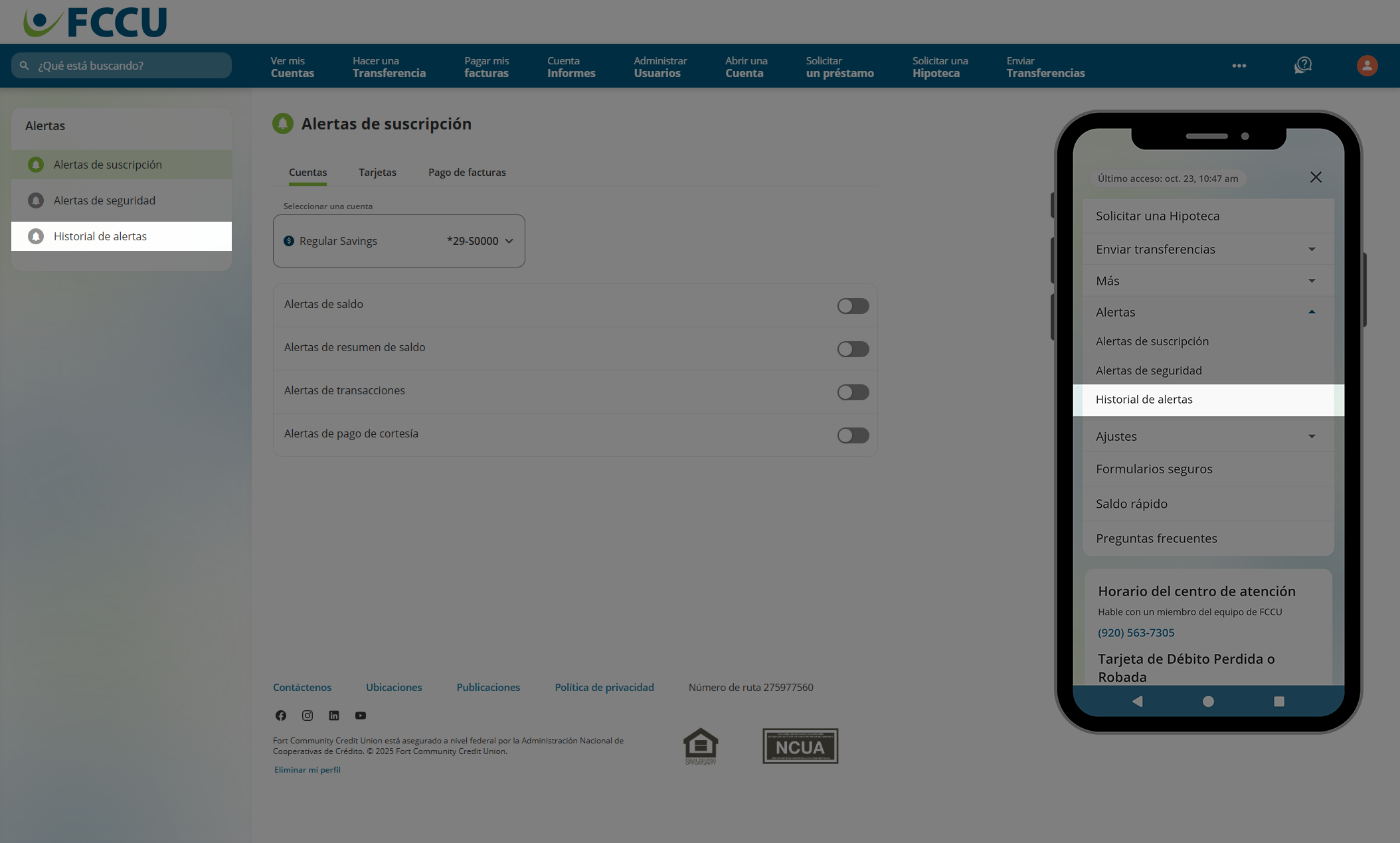 Captura de pantalla de la página 'Alertas de suscripción' de banca digital.