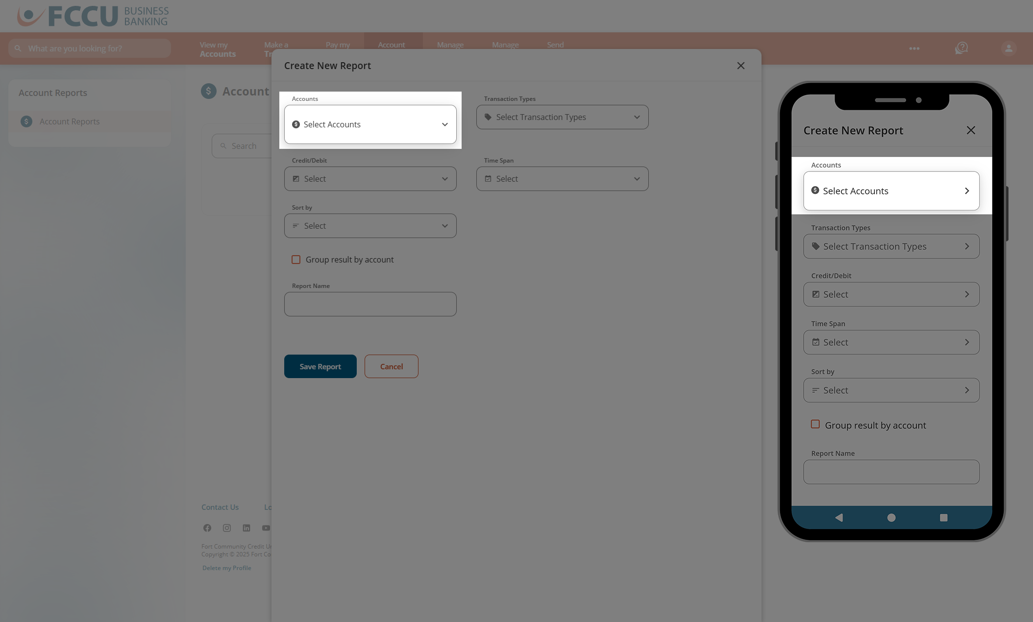 Screenshot of digital banking 'Create New Report' page.