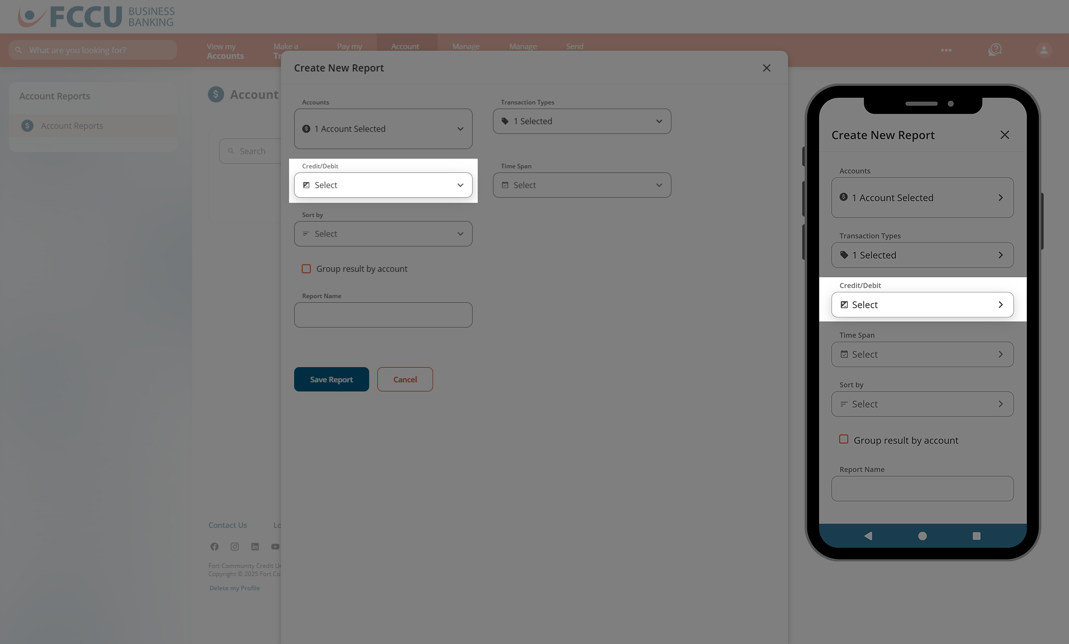 Screenshot of digital banking 'Create New Report' page.
