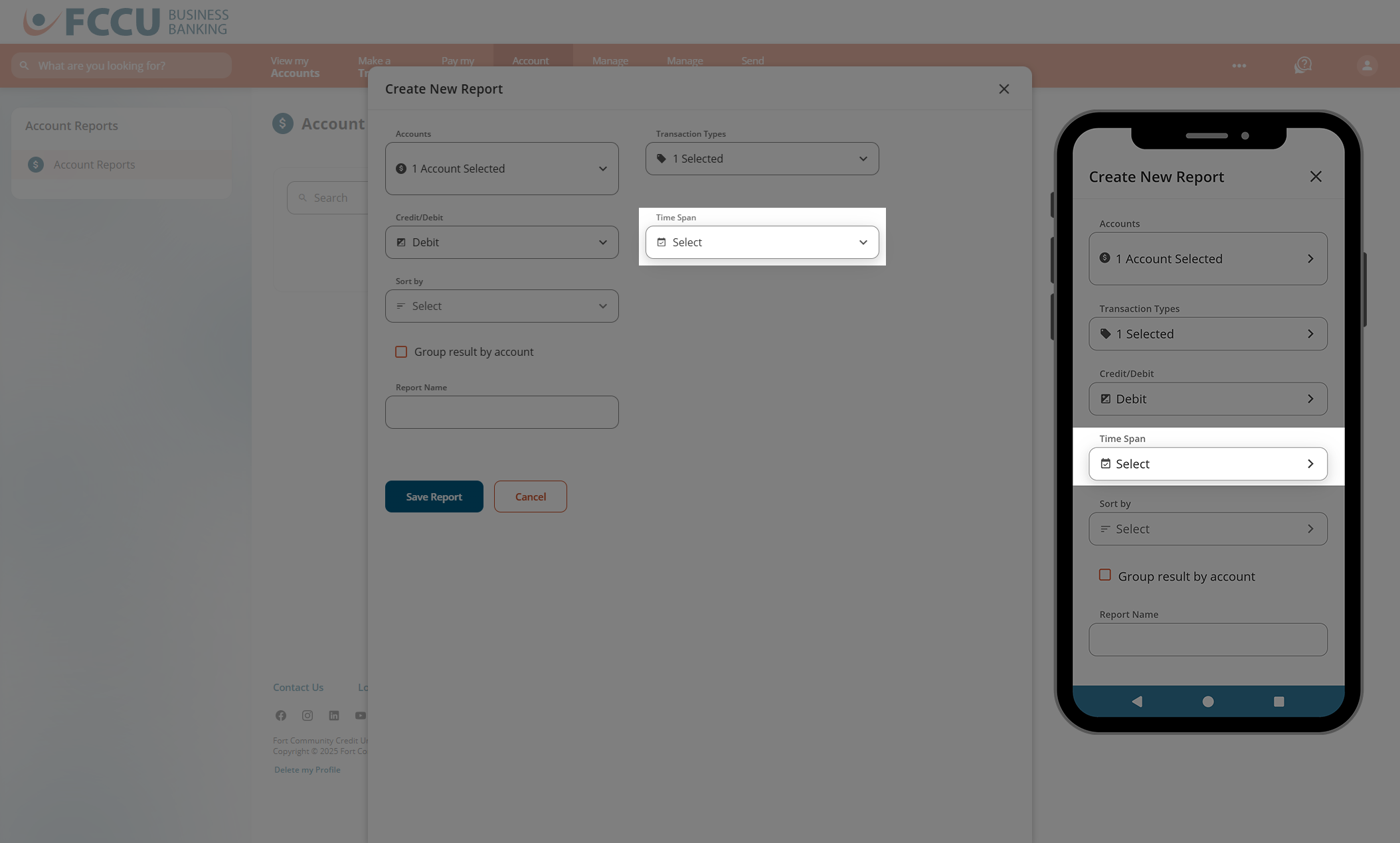 Screenshot of digital banking 'Create New Report' page.