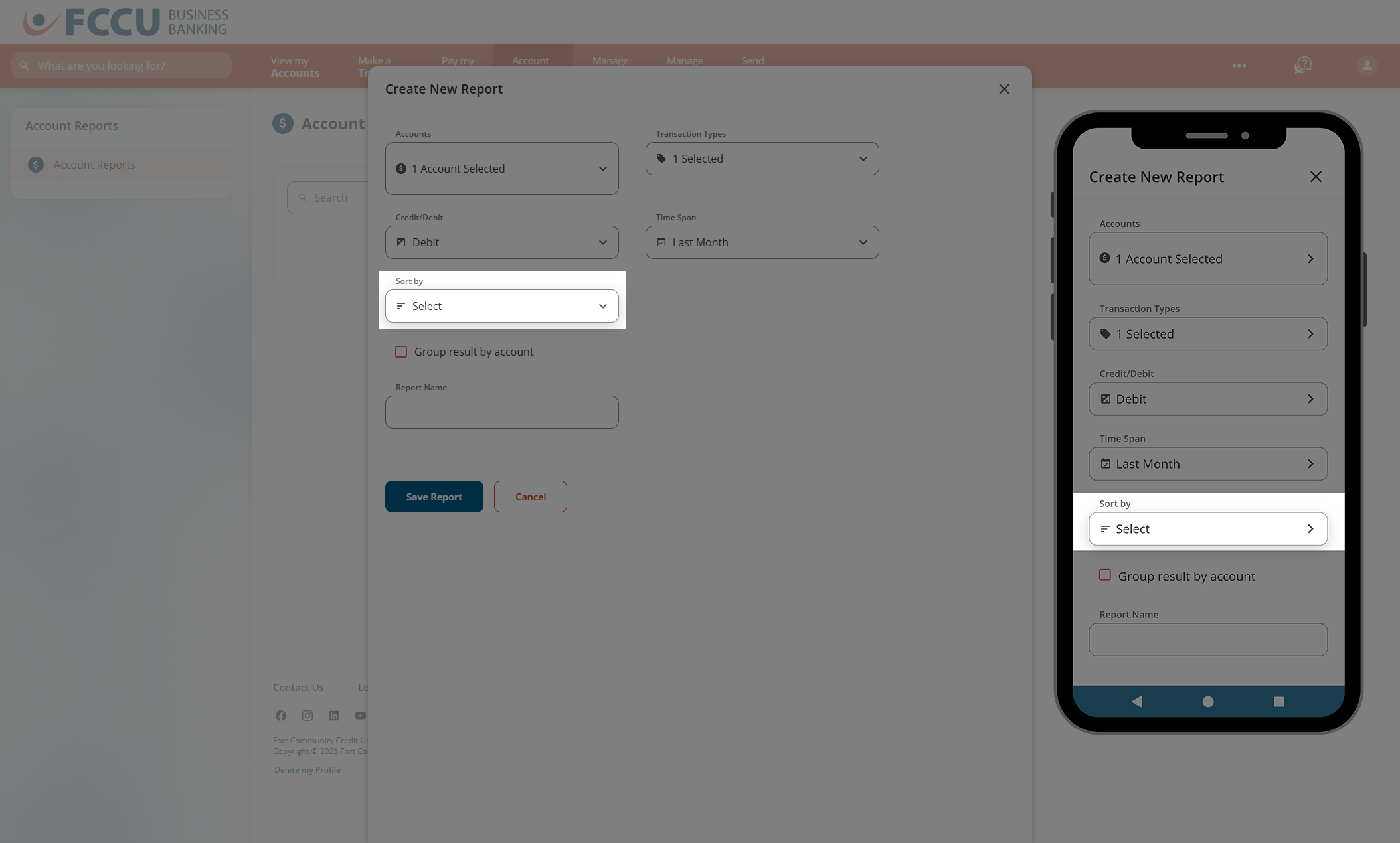 Screenshot of digital banking 'Create New Report' page.