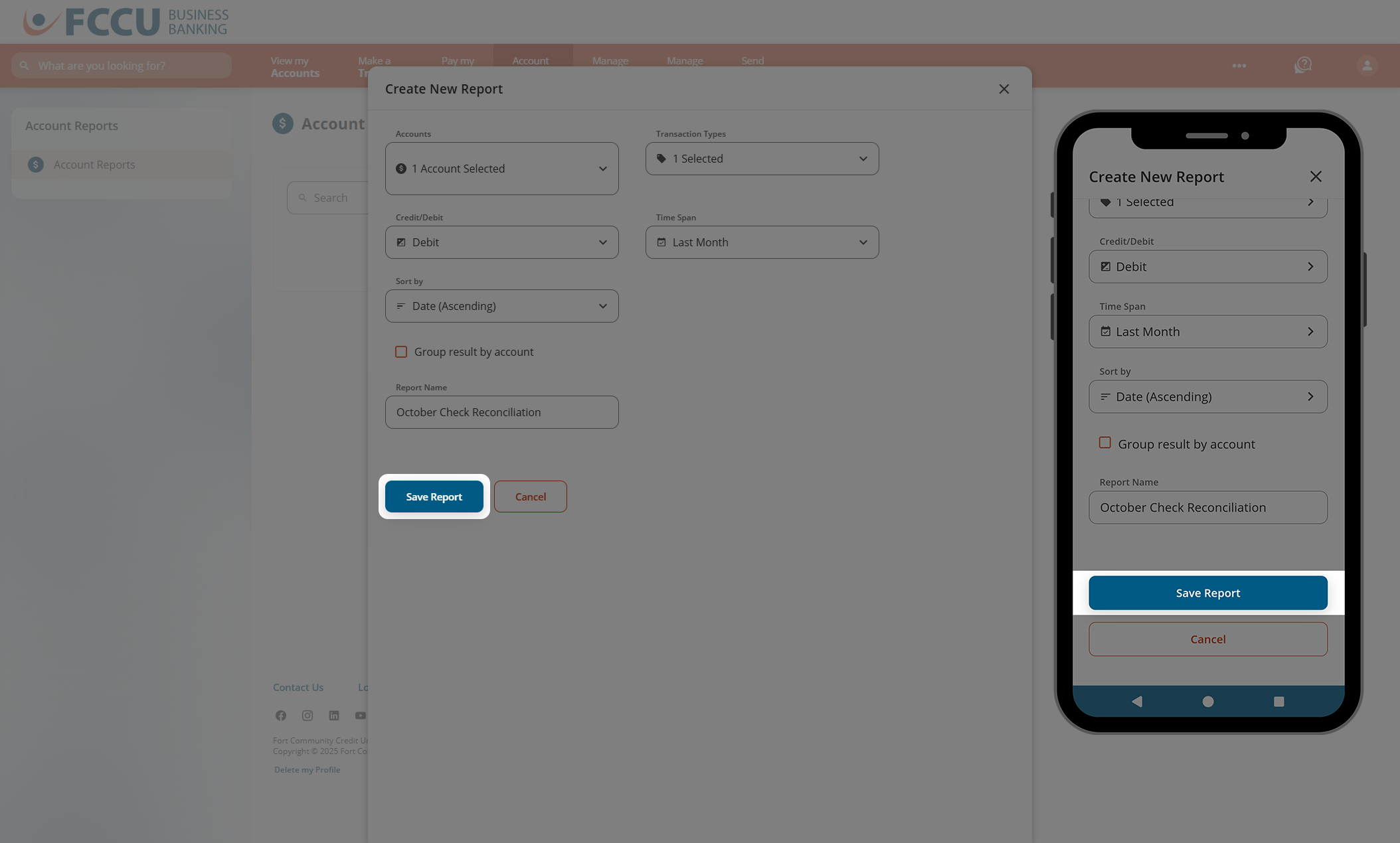 Screenshot of digital banking 'Create New Report' page.
