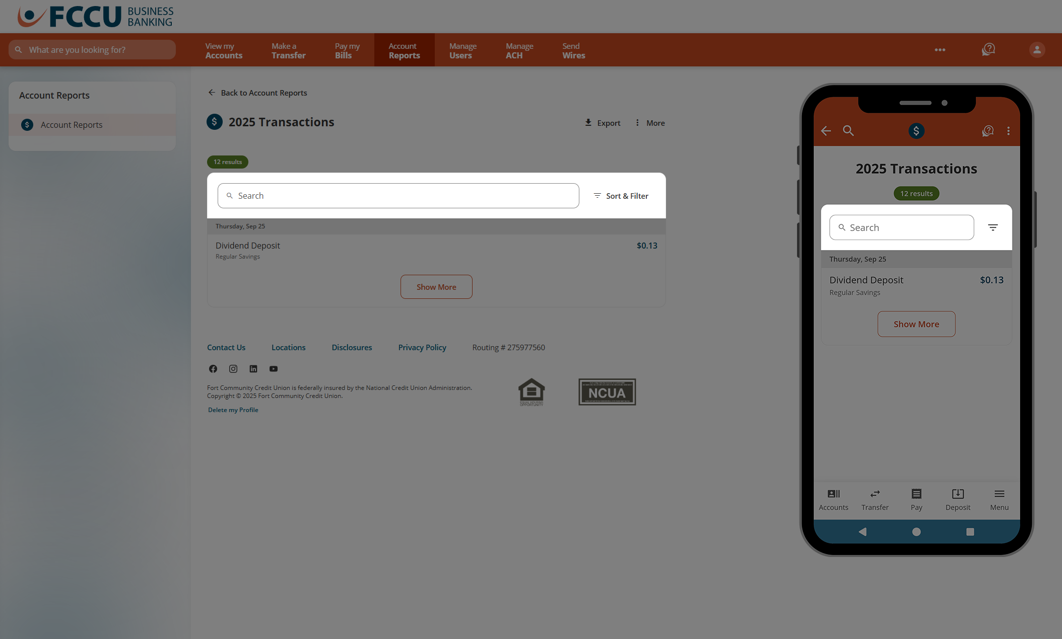 Screenshot of digital banking 'Account Reports' page.