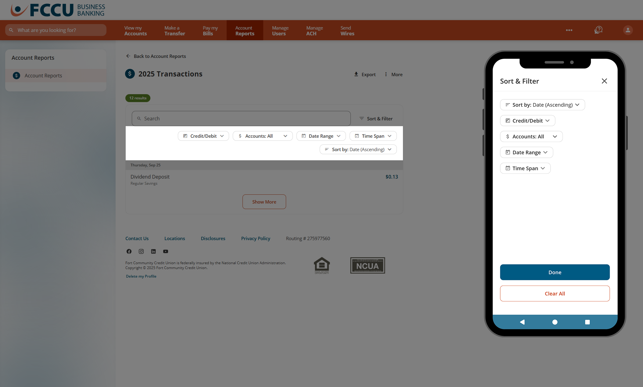 Screenshot of digital banking 'Account Reports' page.