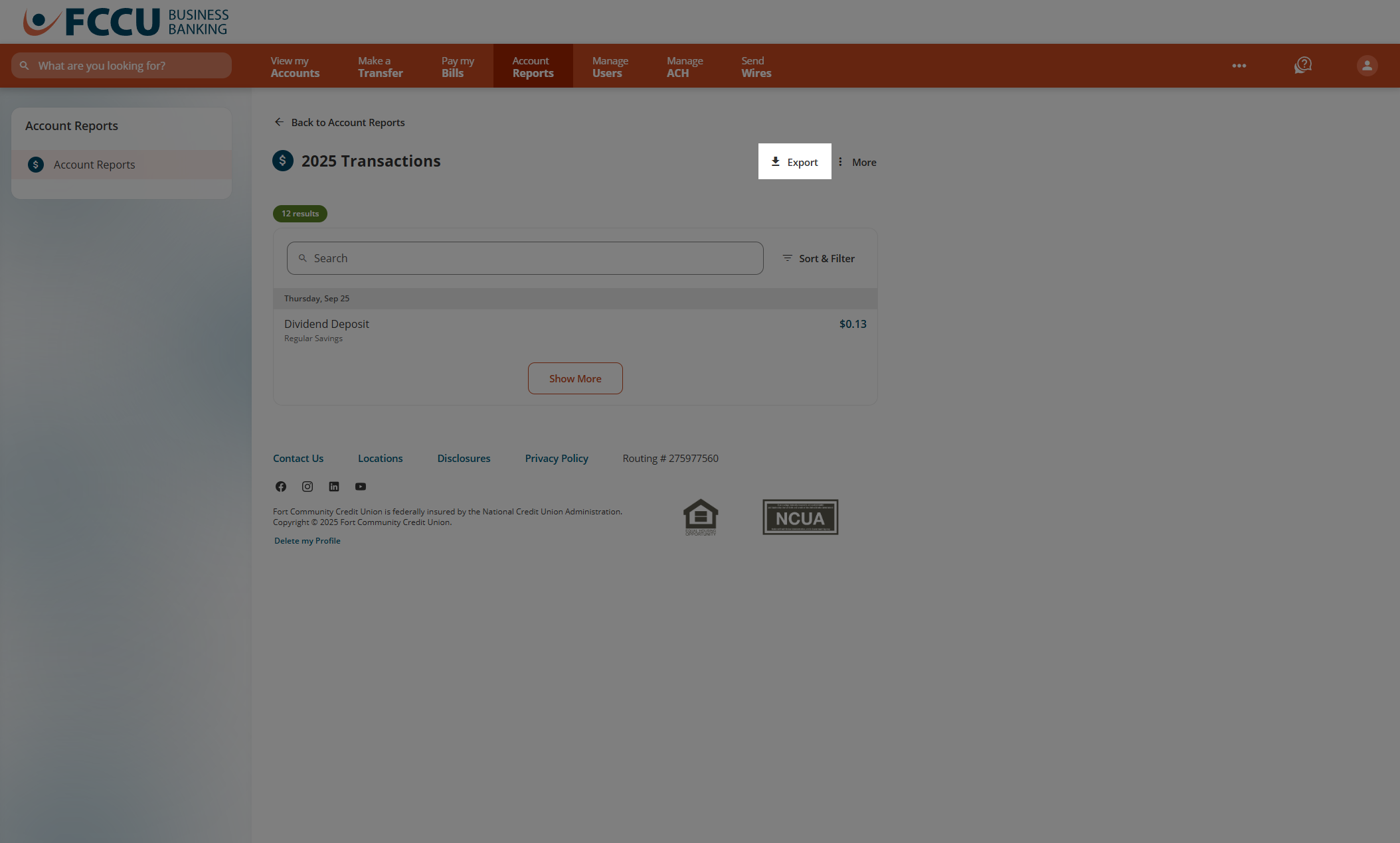 Screenshot of digital banking 'Account Reports' page.