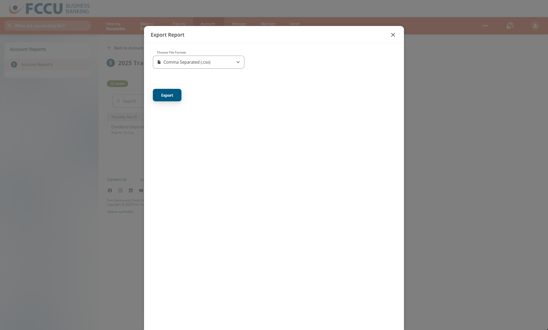 Screenshot of digital banking 'Export Report' page.