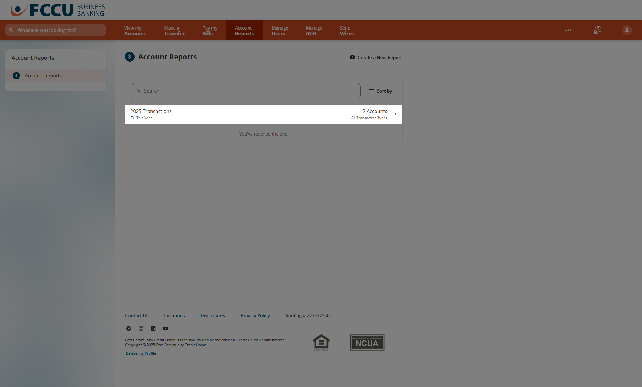 Screenshot of digital banking 'Account Reports' page.