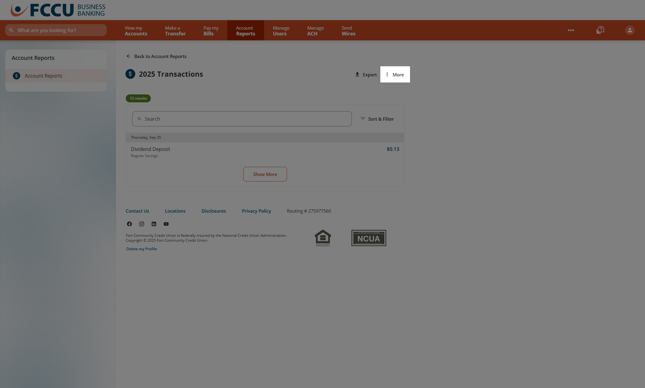 Screenshot of digital banking 'Account Reports' page.