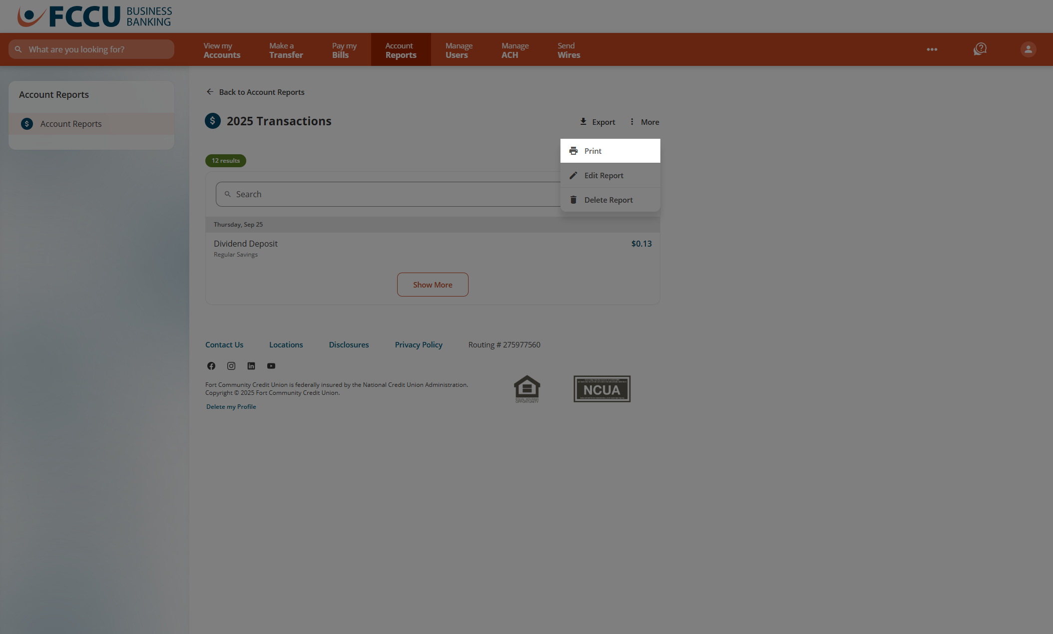 Screenshot of digital banking 'Account Reports' page.