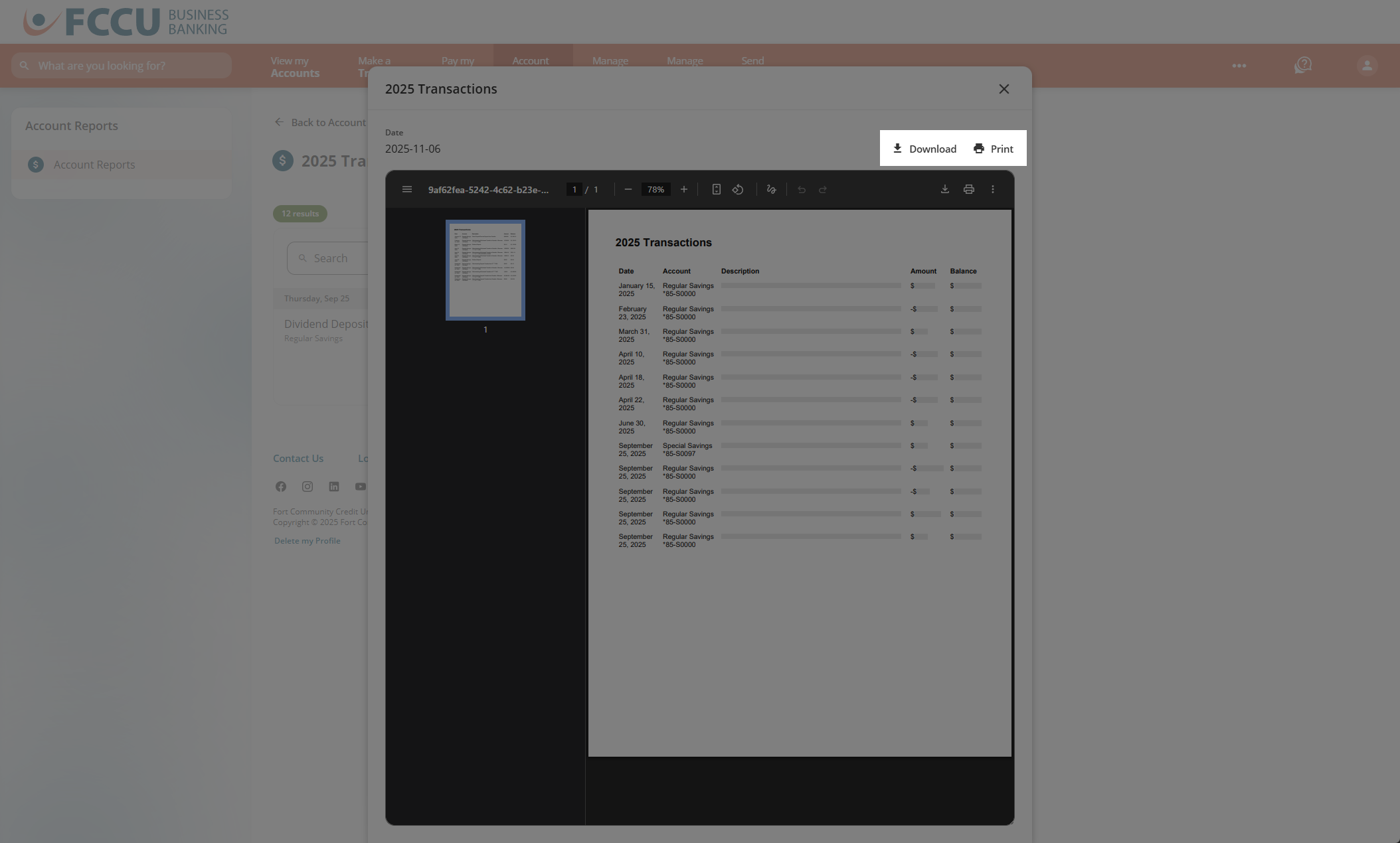 Screenshot of digital banking 'Account Reports' page.