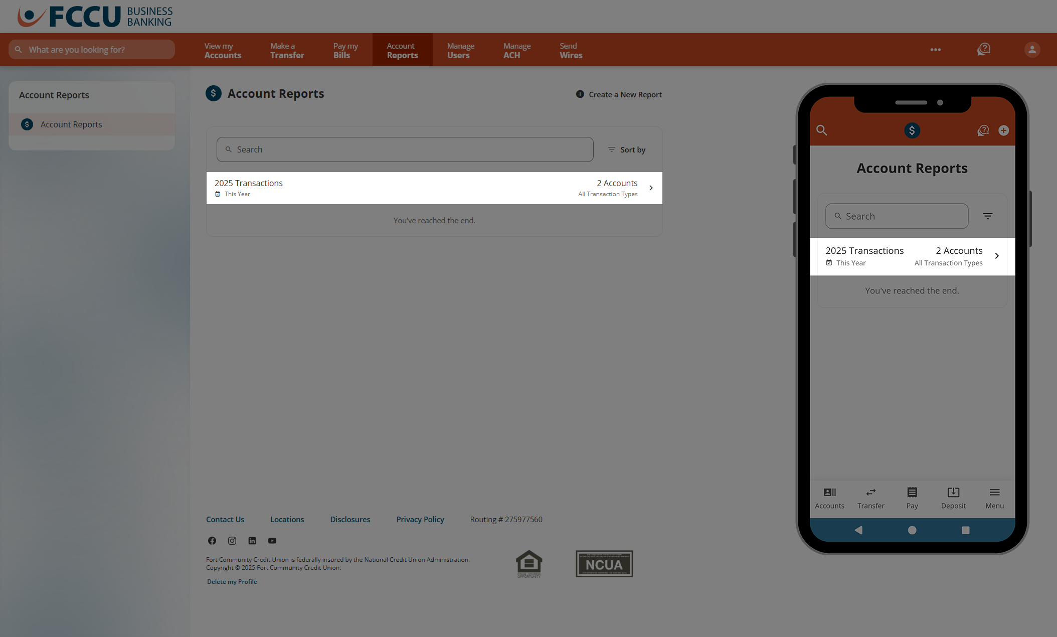 Screenshot of digital banking 'Account Reports' page.