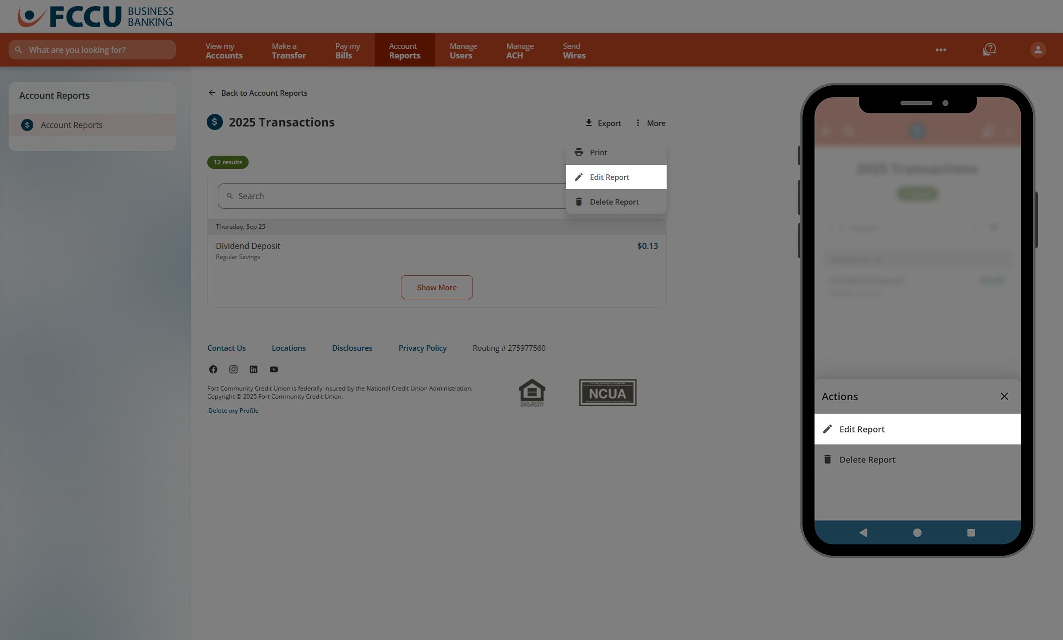 Screenshot of digital banking 'Account Reports' page.