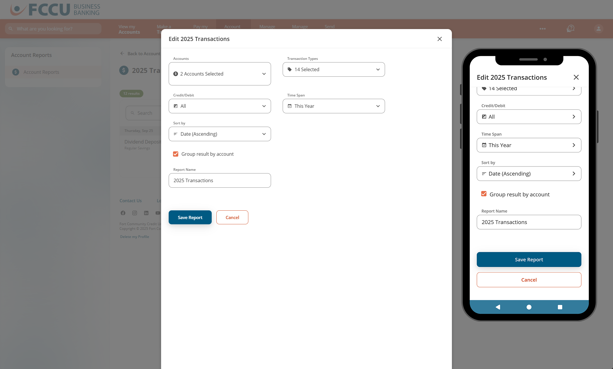 Screenshot of digital banking 'Edit Report' page.