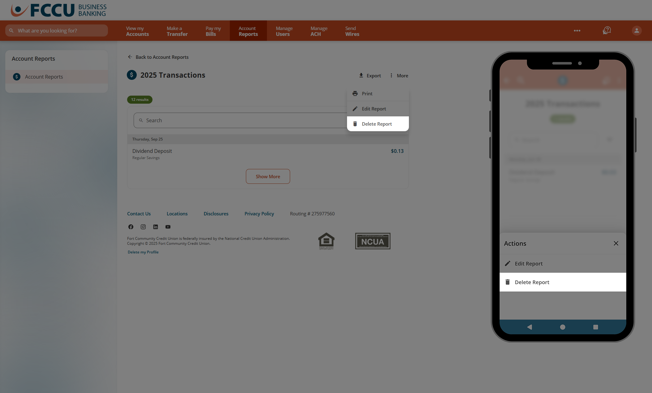Screenshot of digital banking 'Account Reports' page.