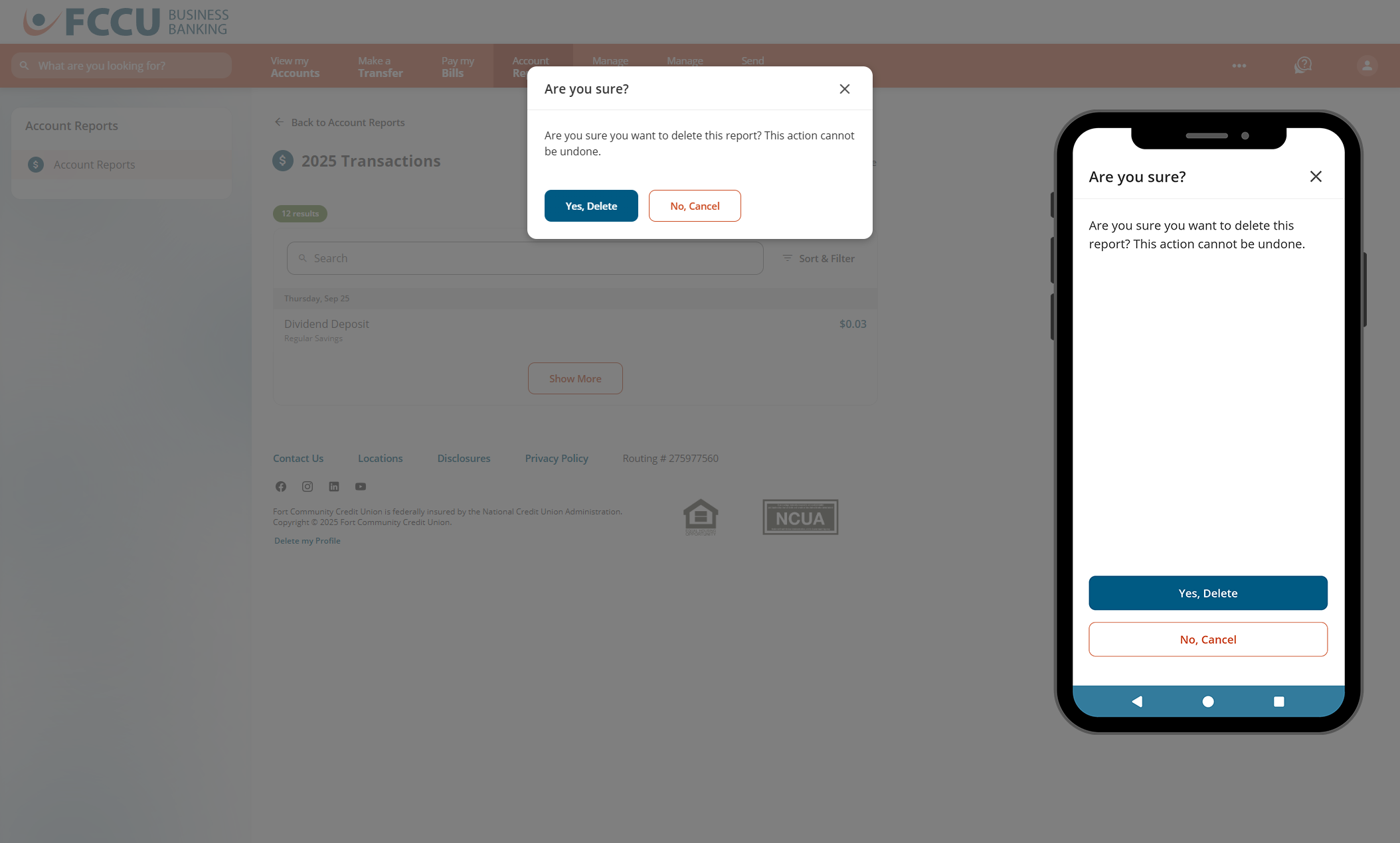 Screenshot of digital banking 'Are you sure?' page.