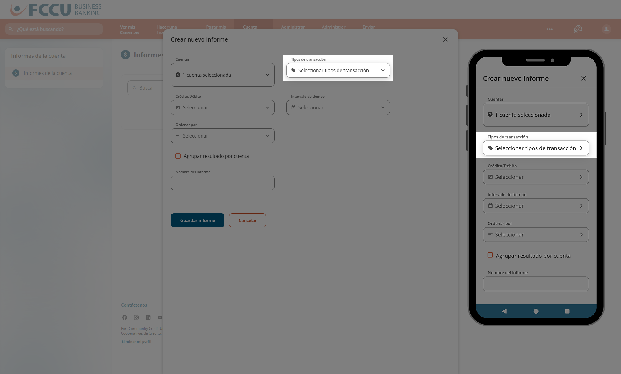 Captura de pantalla de la página 'Crear nuevo informe' de la banca digital.